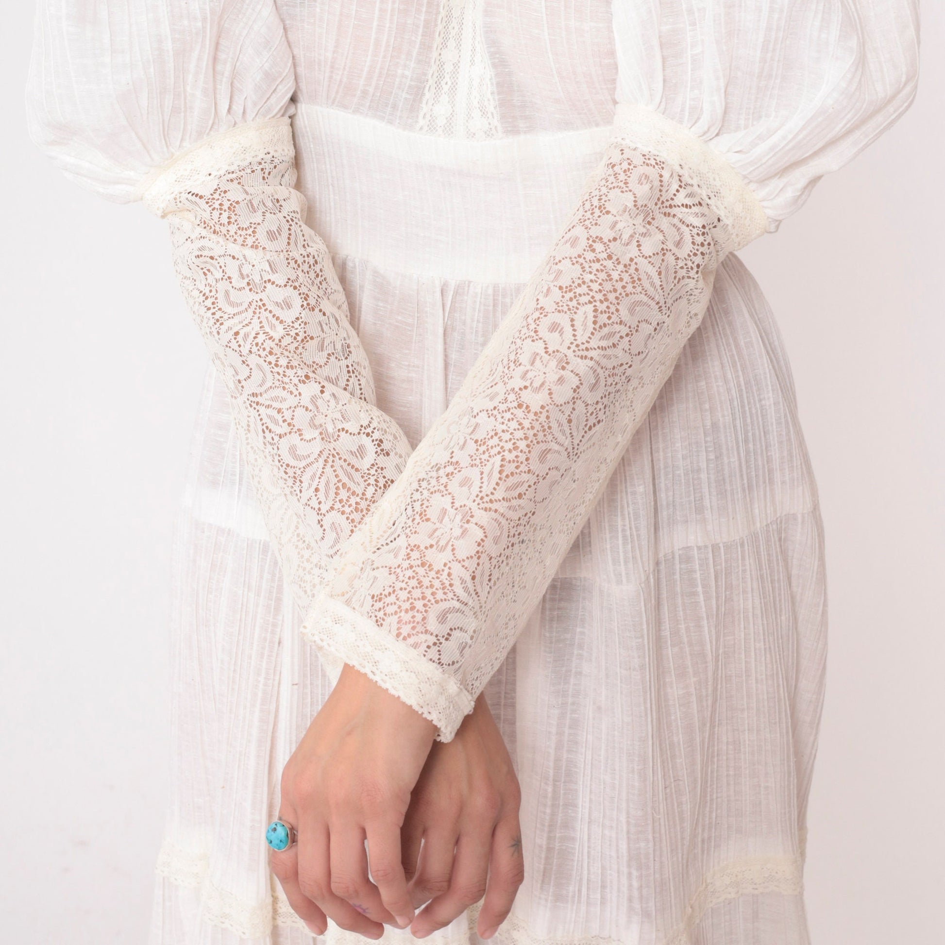 70s Maxi Dress Gauze Lace High Neck Tie Waist Long Sleeve Off-White Medium