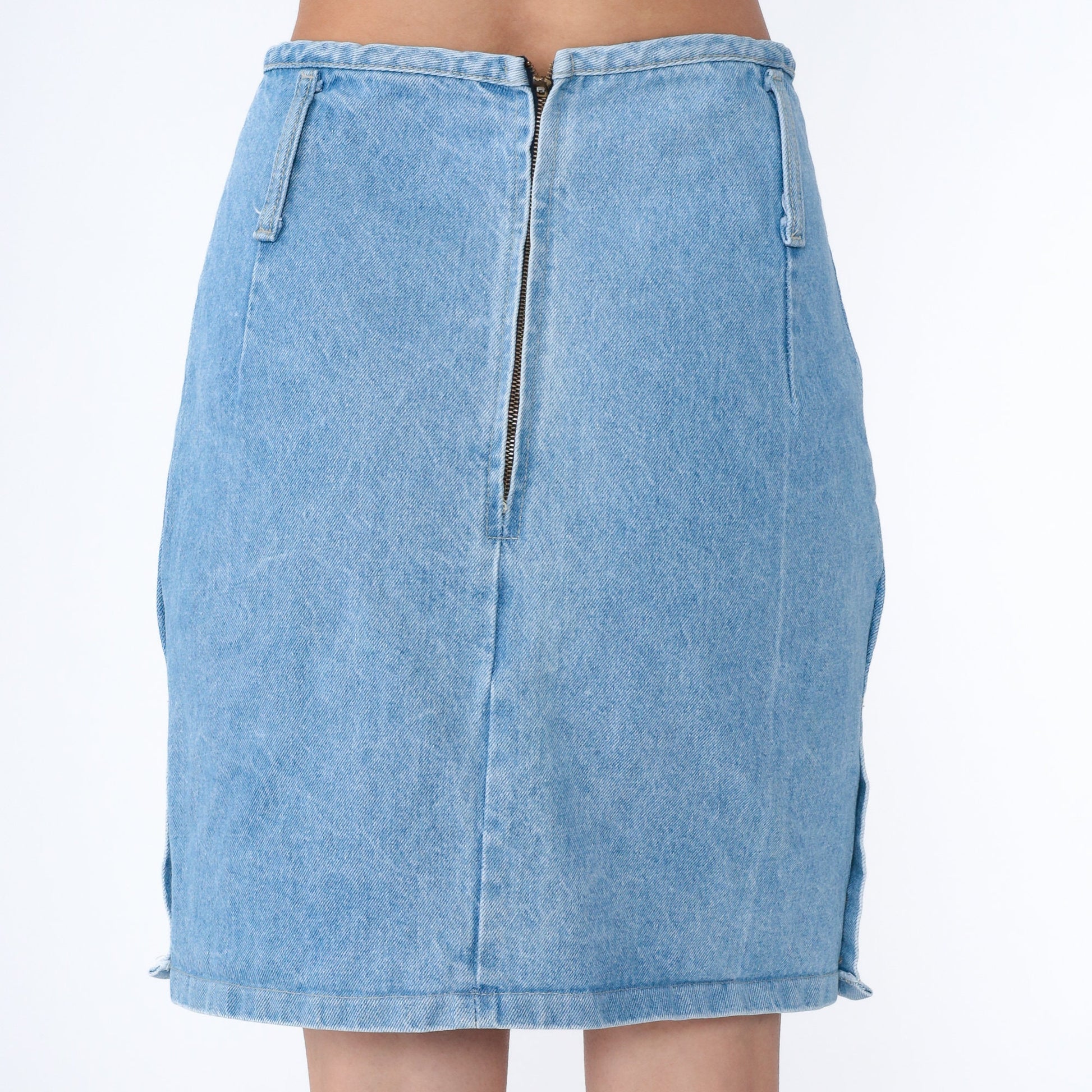 90s Blue Denim Mini Skirt High Waist Pencil Cut Side Button Medium