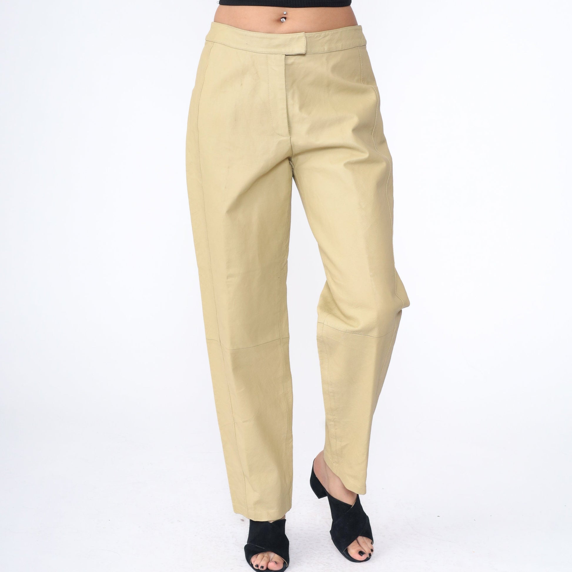 80s Bagatelle Leather Pants High Waist Straight Leg Beige Large