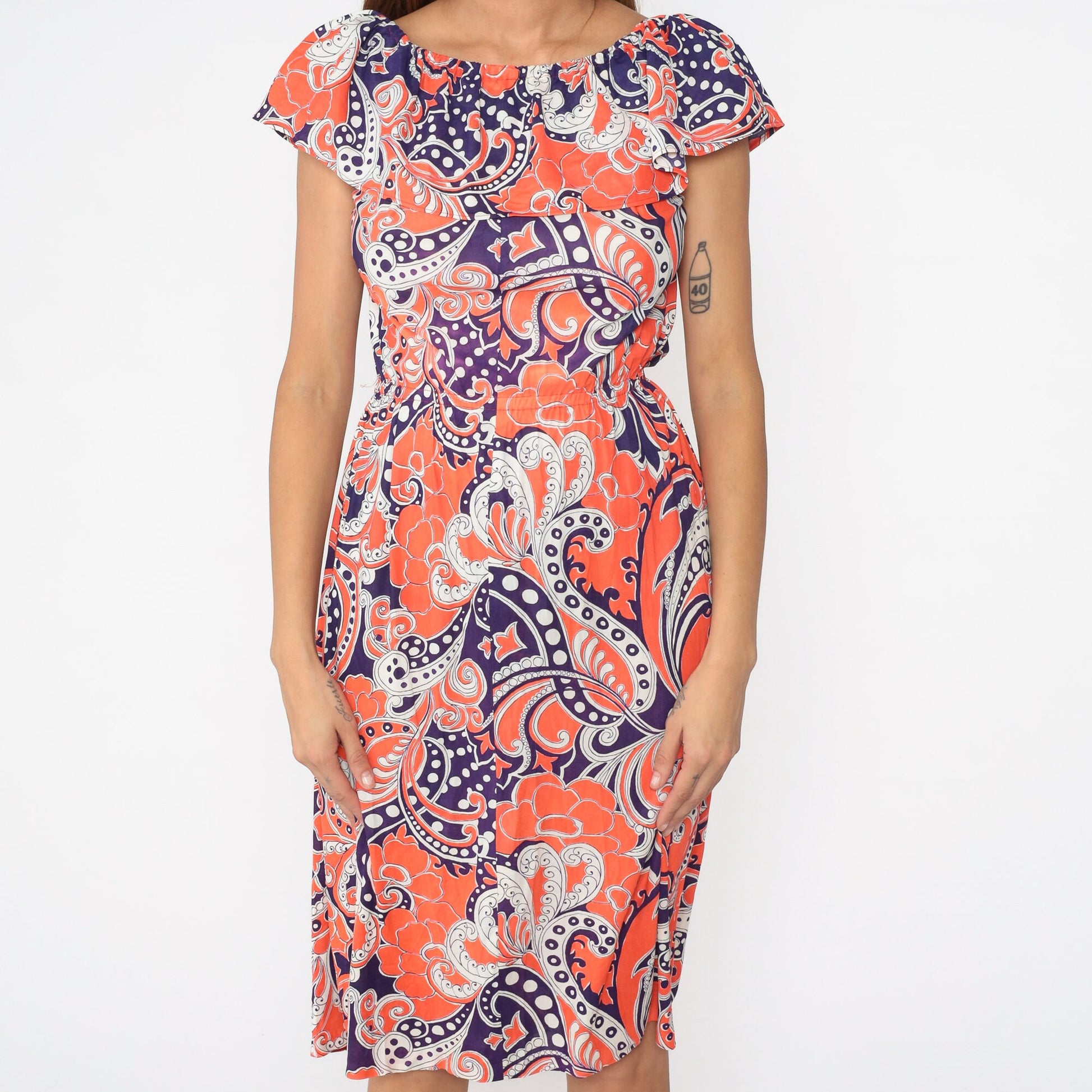 70s Psychedelic Paisley Midi Dress Off-Shoulder High Waist Purple Orange Small