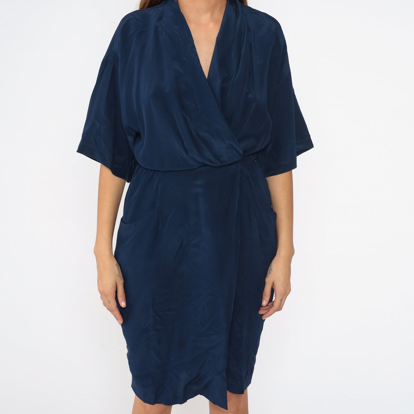 90s Navy Silk Wrap Dress Midi V-Neck High Waist Half Sleeve Small
