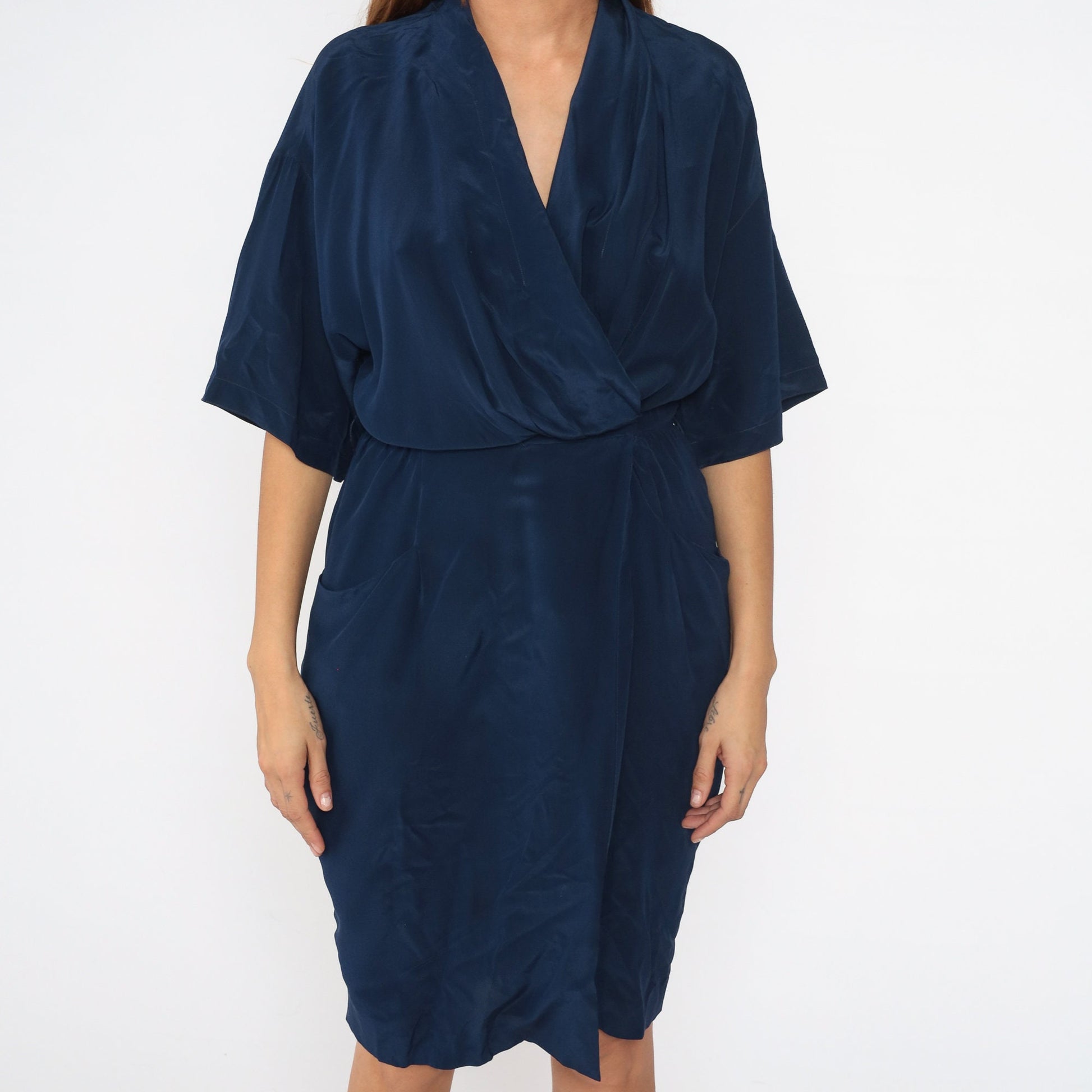 90s Navy Silk Wrap Dress Midi V-Neck High Waist Half Sleeve Small