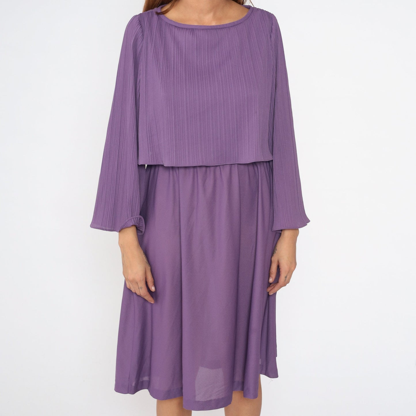 70s Purple Midi Dress Knife Pleated High Waist Bell Sleeve Small Medium