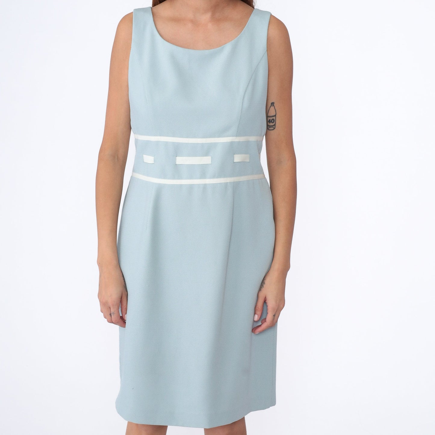 00s Ice Blue Sheath Dress Sleeveless Knee-Length Ribbon Trim Large 12