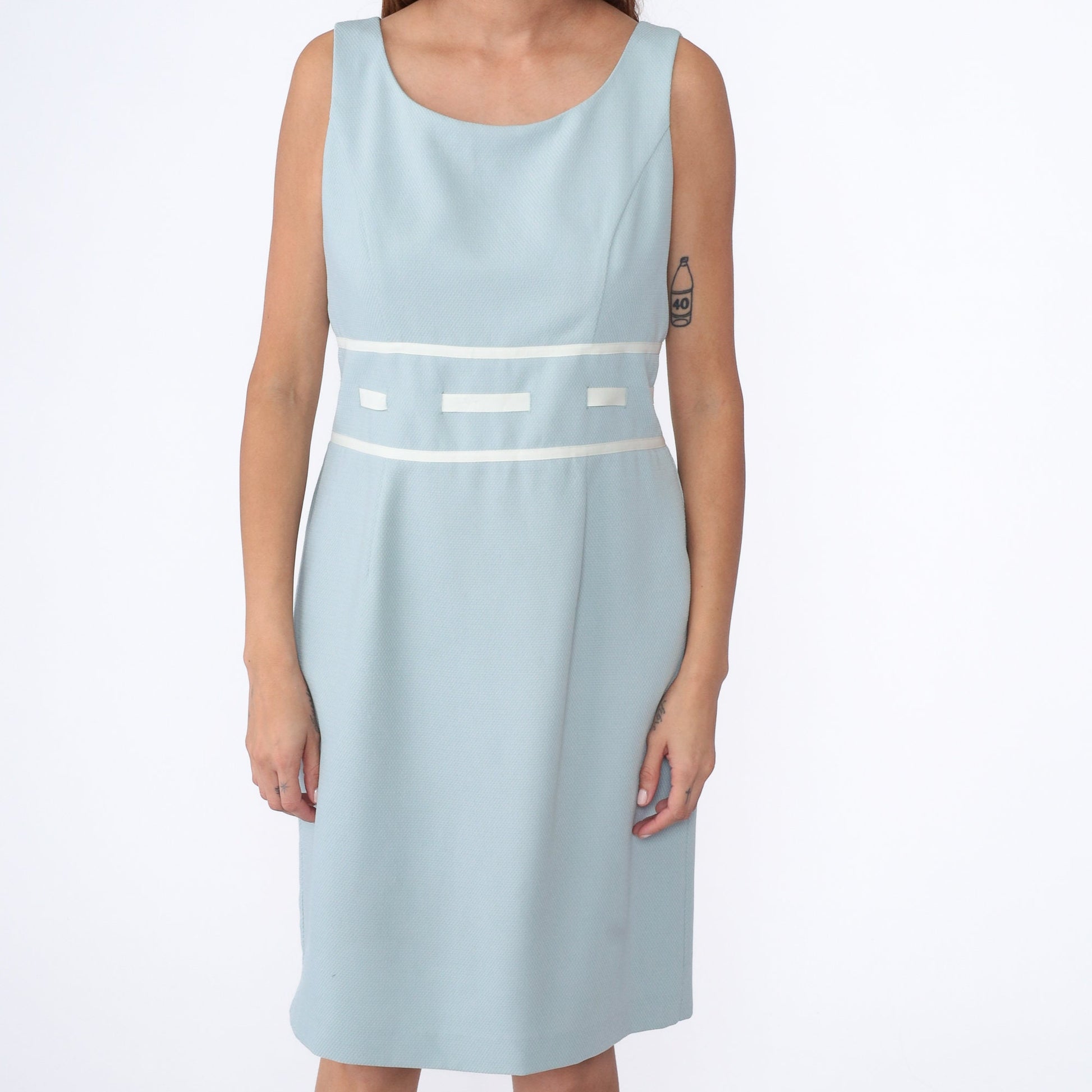 00s Ice Blue Sheath Dress Sleeveless Knee-Length Ribbon Trim Large 12