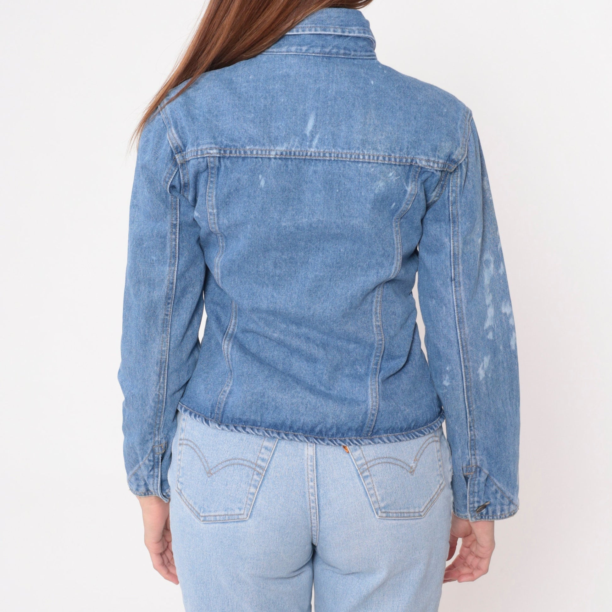 90s Baccini Bleach Splatter Denim Jacket Fitted Blue Stone Wash Small