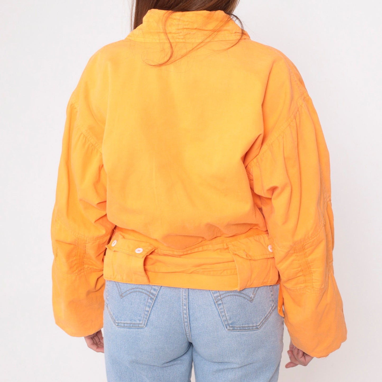 90s Orange Cotton Puffer Jacket Zip Cargo Pockets Small S
