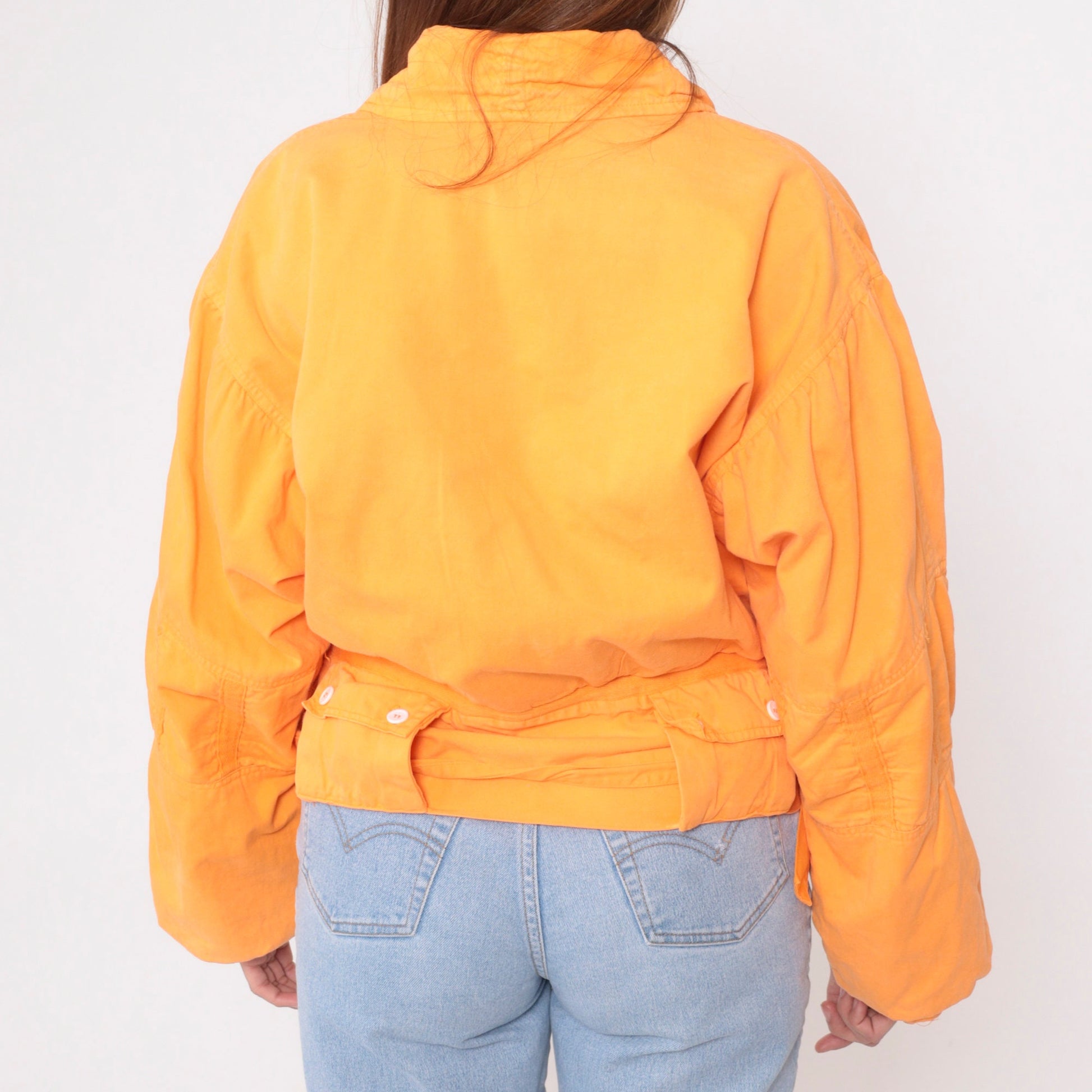 90s Orange Cotton Puffer Jacket Zip Cargo Pockets Small S