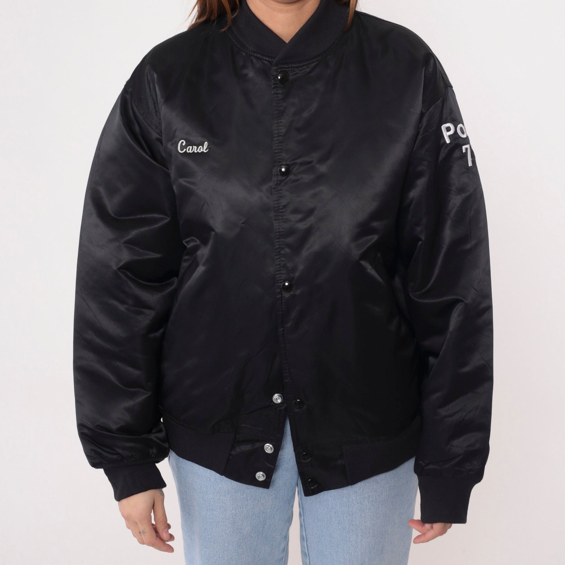 90s AMVETS Bomber Jacket Black Nylon Satin Snap Buffalo NY Large