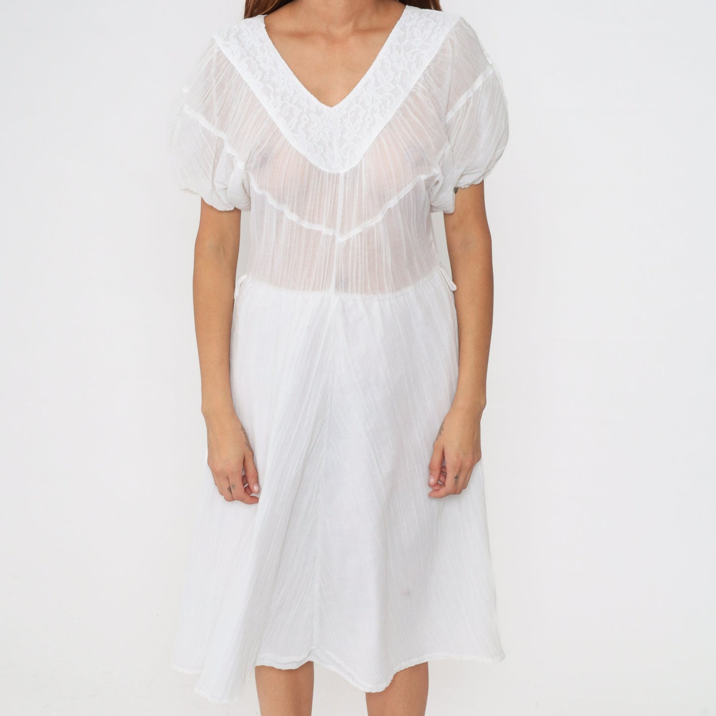 80s White Gauze Midi Dress Puff Sleeve V-Neck Lace Trim High Waist Extra Small