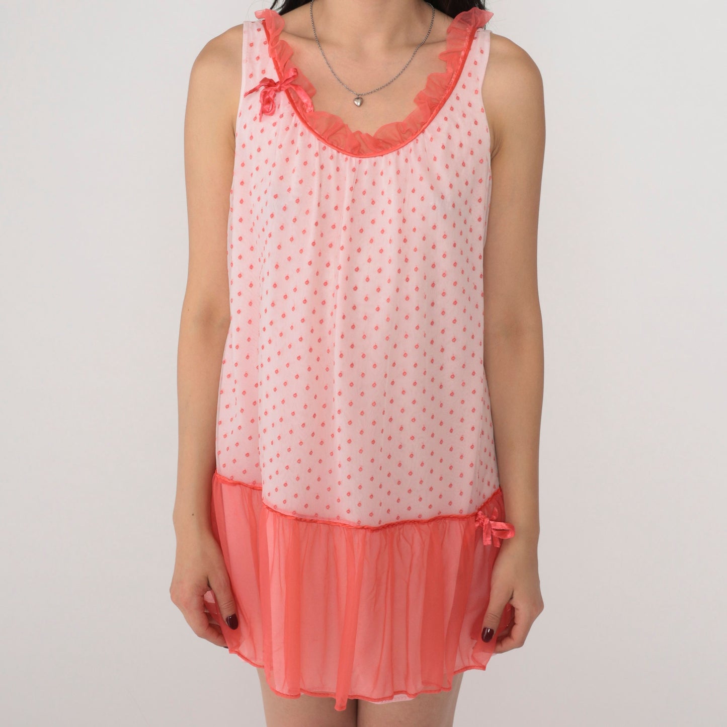 80s White Coral Polka Dot Nightgown Drop Waist Sleeveless Slip Dress Medium M