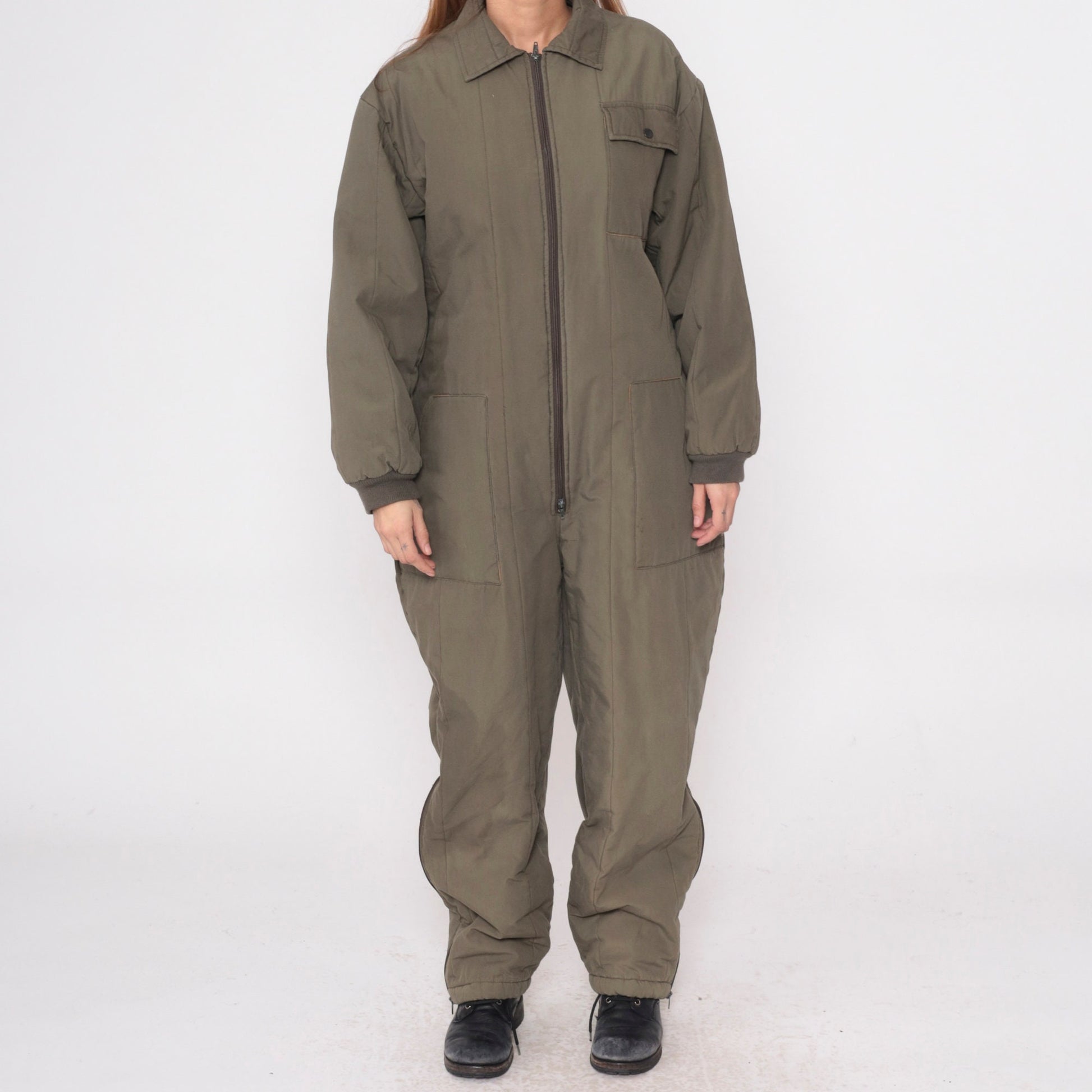 80s Snowmobile Coveralls Olive Green Insulated Jumpsuit Cargo Pockets Small