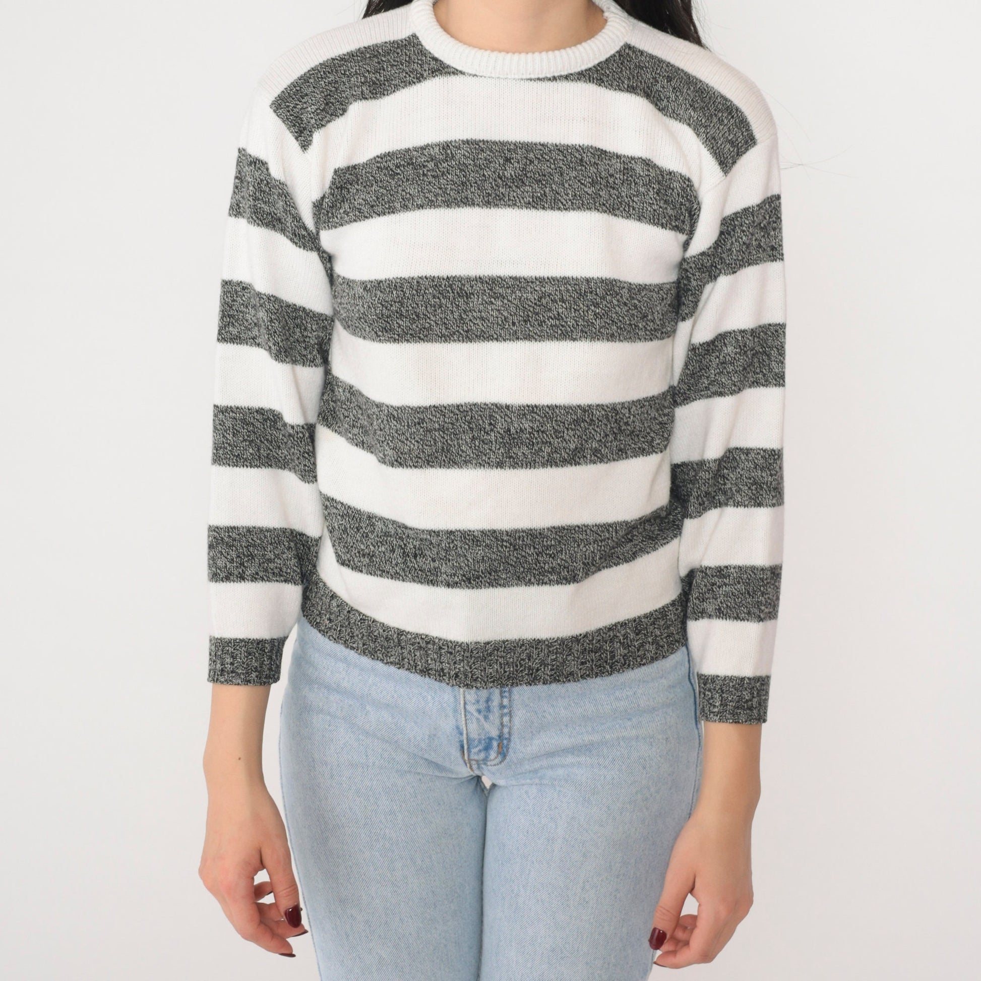 90s Jonathan Cass Striped Knit Sweater White Black Crewneck Small