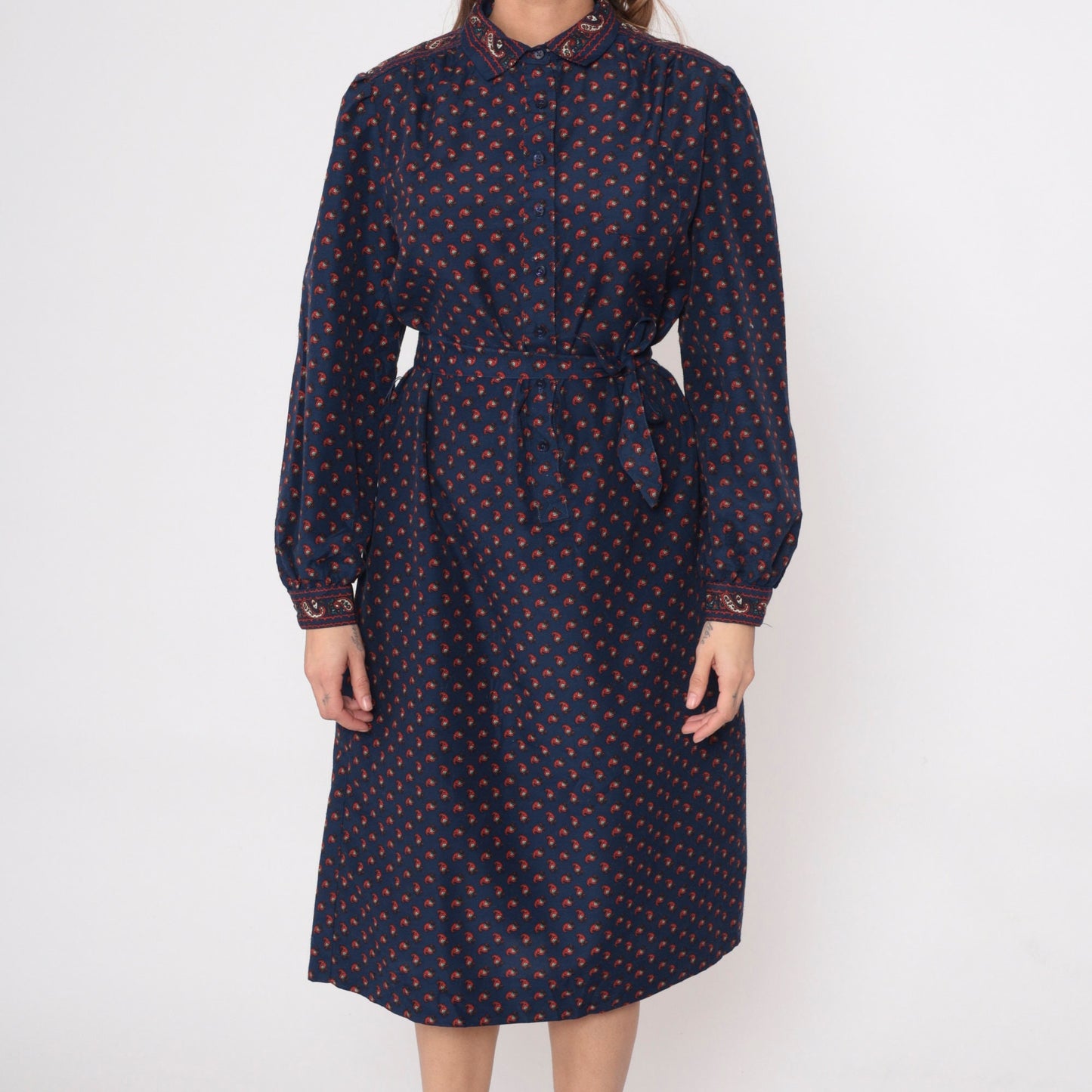 80s Dark Blue Paisley Midi Shirtdress Button-Up Long Sleeve Red Print Large