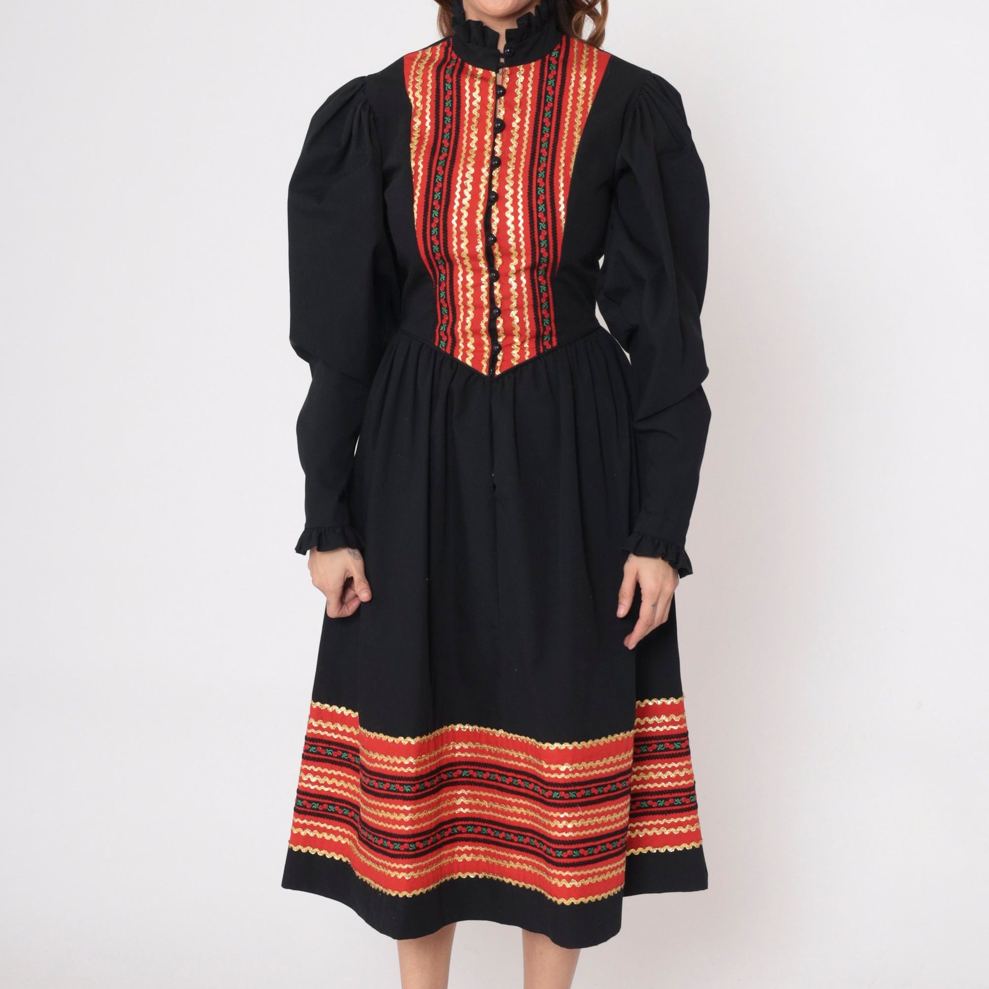 70s Black Floral Embroidered Midi Dress Leg Of Mutton Sleeve Gold Ric Rac Small
