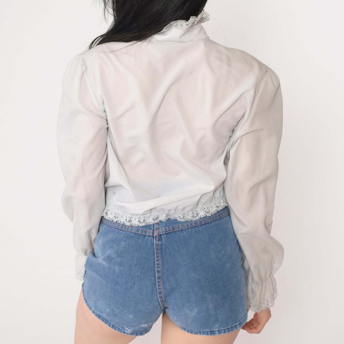 70s Off-White Lace Trim Puff Sleeve Button-Up Blouse High Neck Medium M