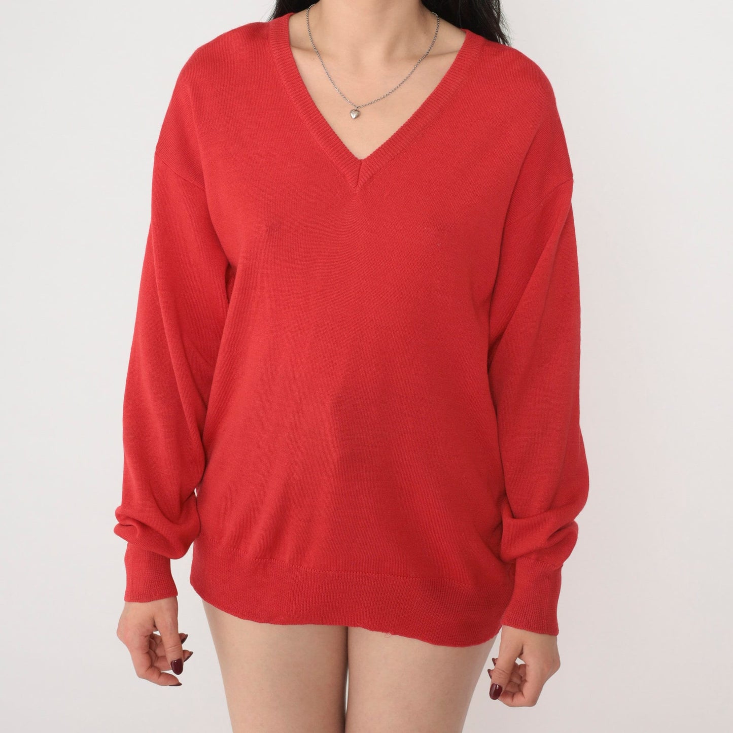 70s Chiemar Red Wool V-Neck Pullover Sweater Medium M