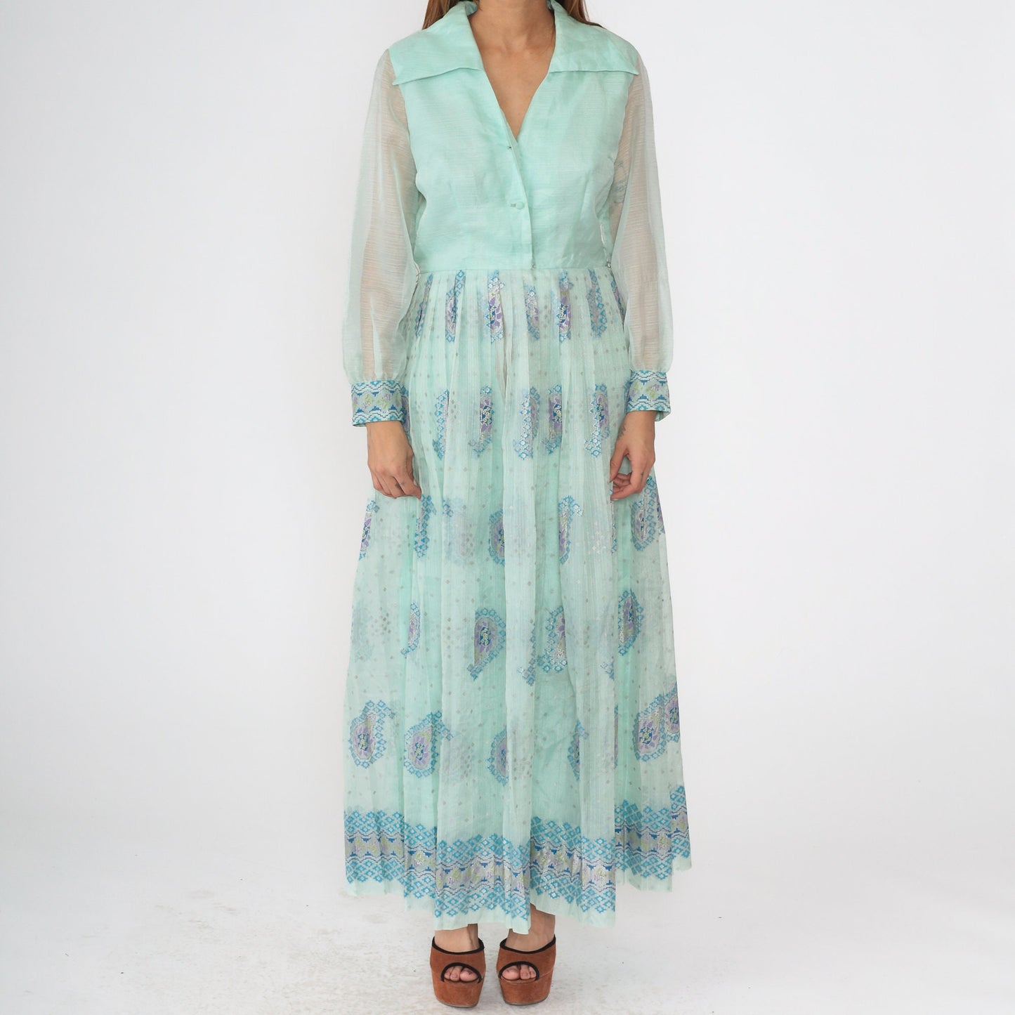 70s Alfred Shaheen Mint Paisley Maxi Dress V-Neck Sheer Sleeve Medium