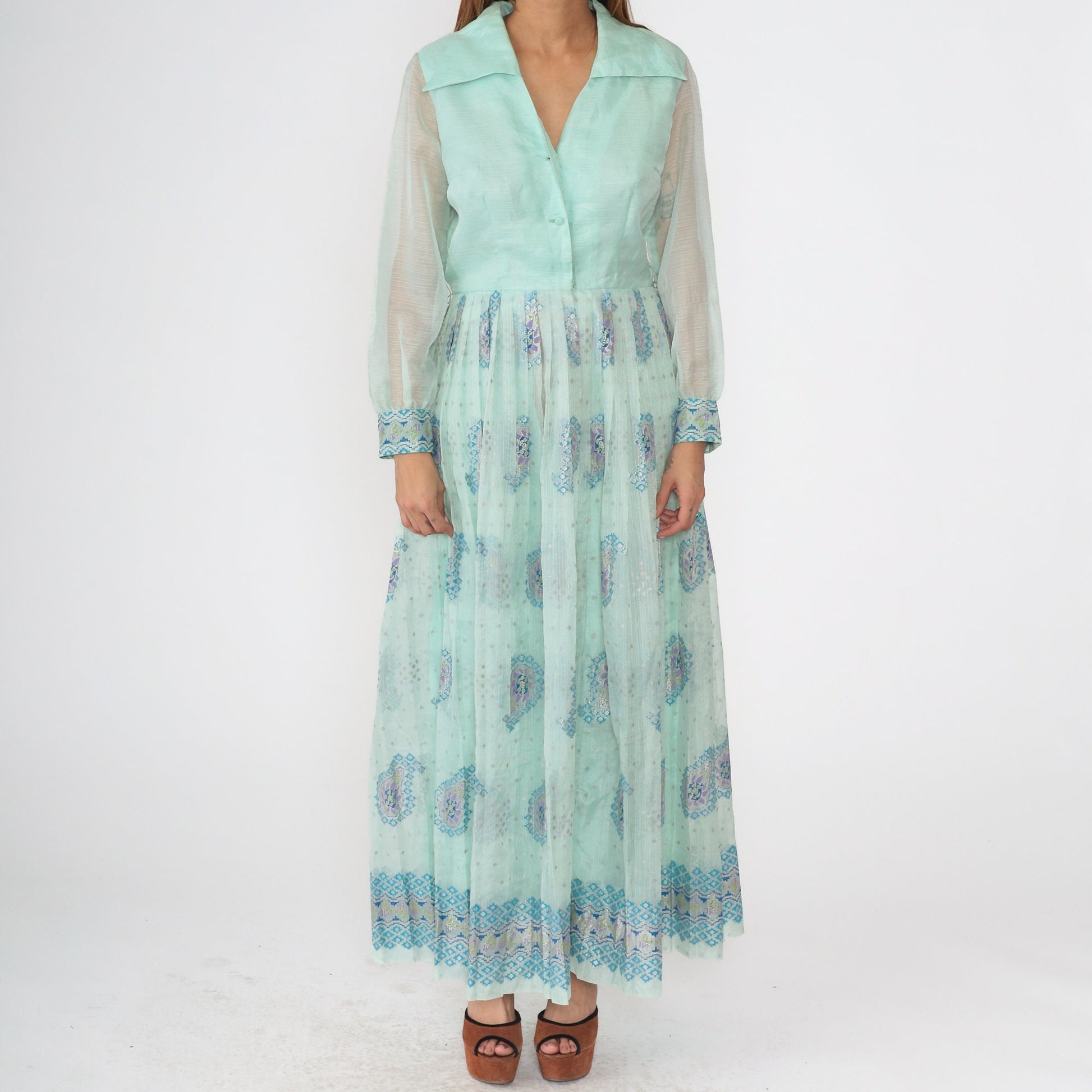 70s Alfred Shaheen Mint Paisley Maxi Dress V-Neck Sheer Sleeve Medium