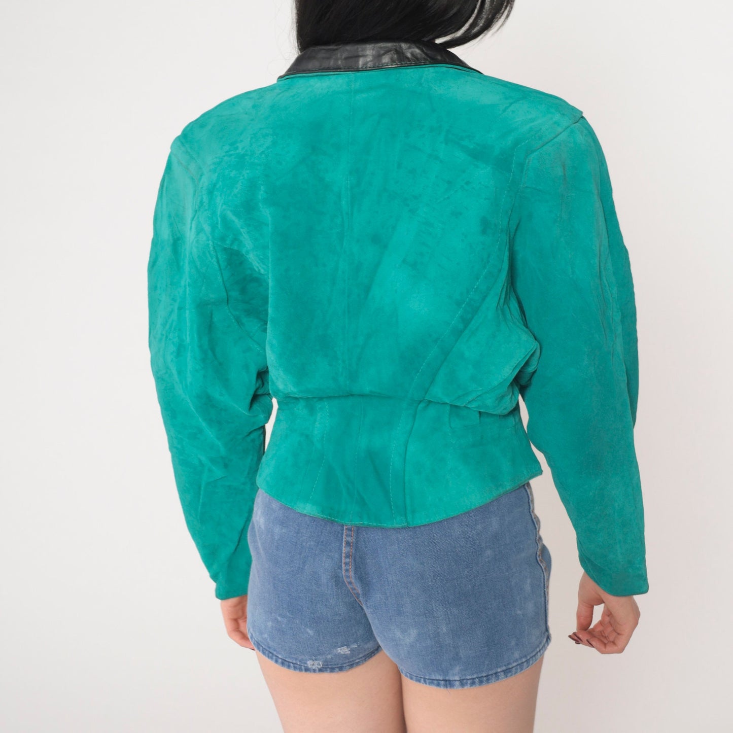 90s Teal Suede Blazer Black Leather Collar Single Button Medium M