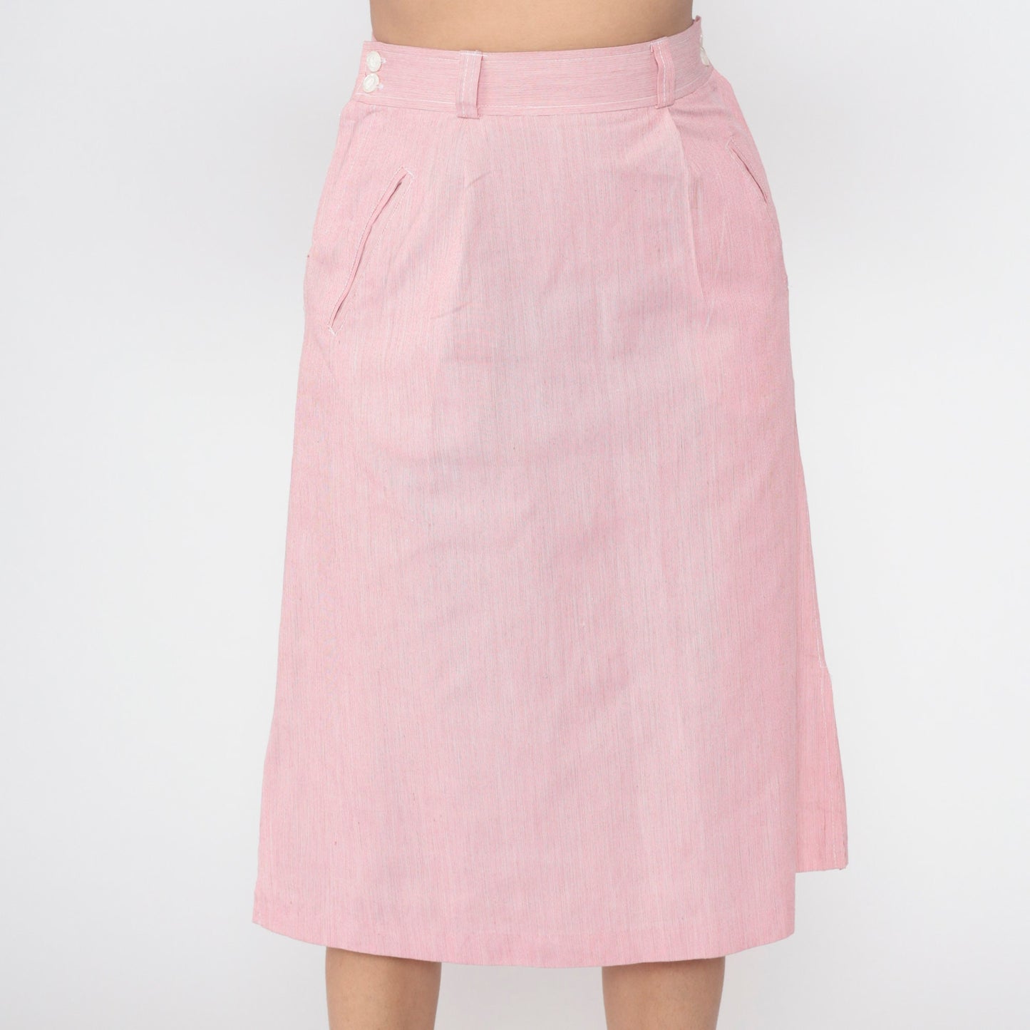 80s Pink Pinstriped Midi Skirt High Waist Straight Cut Small S