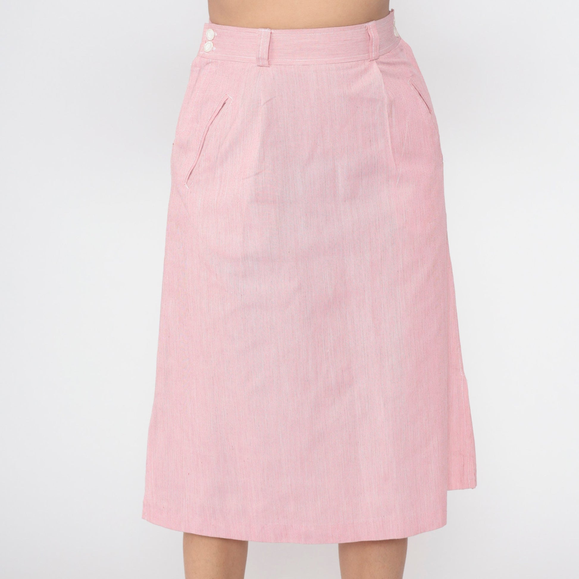 80s Pink Pinstriped Midi Skirt High Waist Straight Cut Small S