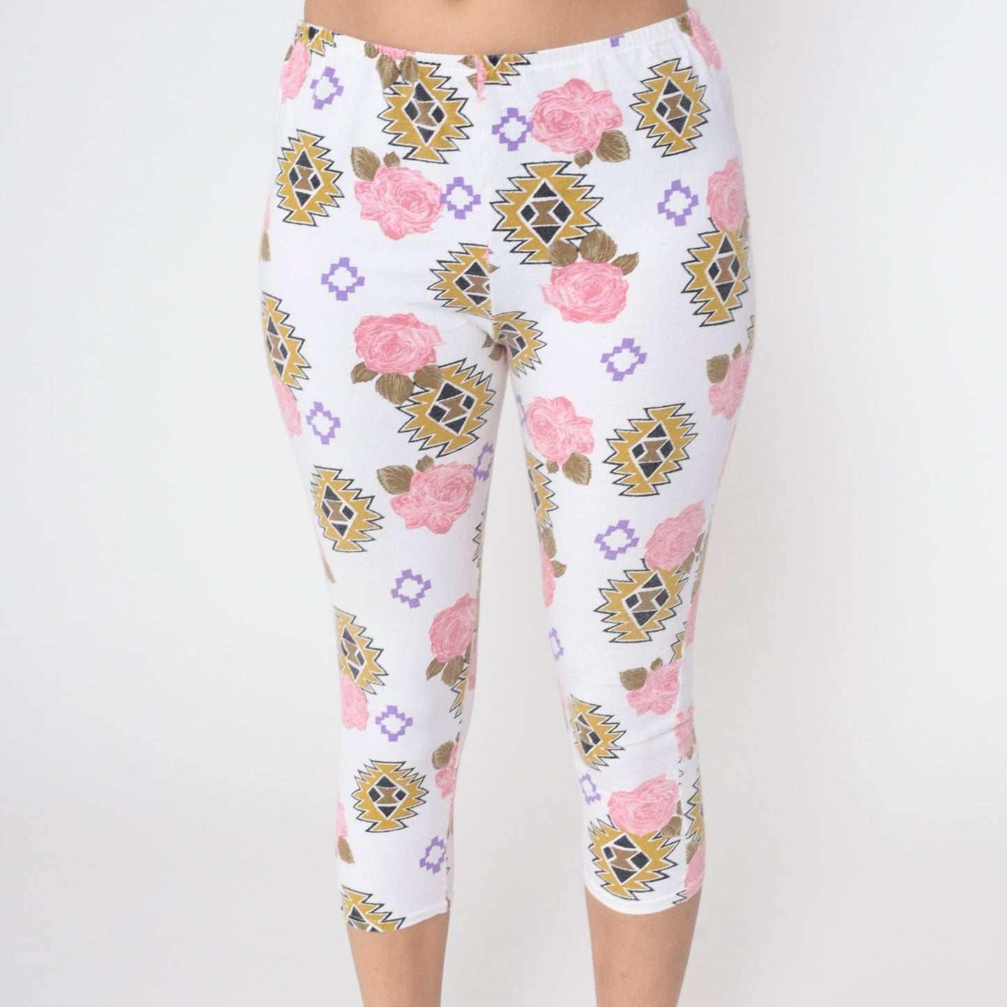 90s Floral Southwestern Capri Leggings White Pink Rose High Waist Extra Small