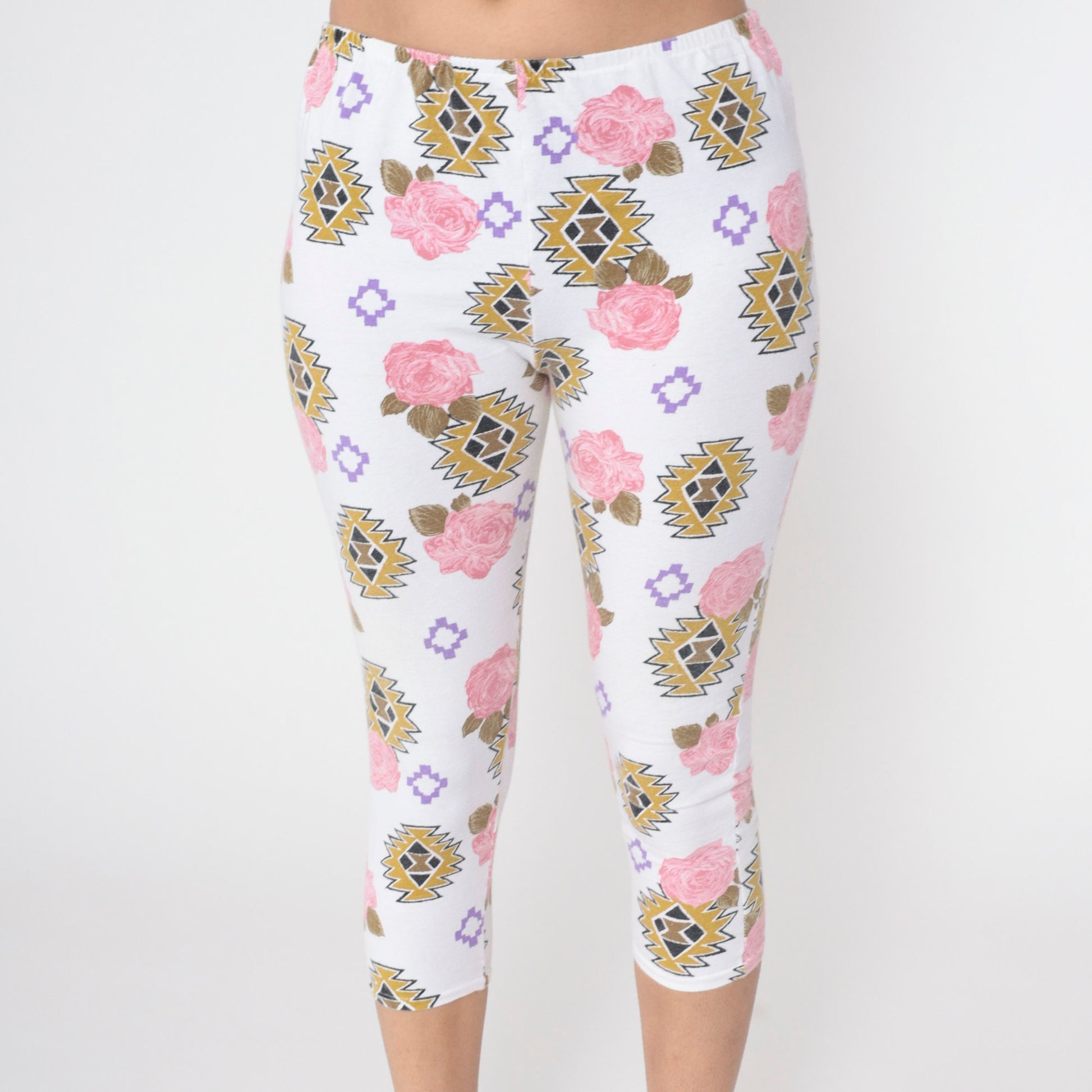 90s Floral Southwestern Capri Leggings White Pink Rose High Waist Extra Small