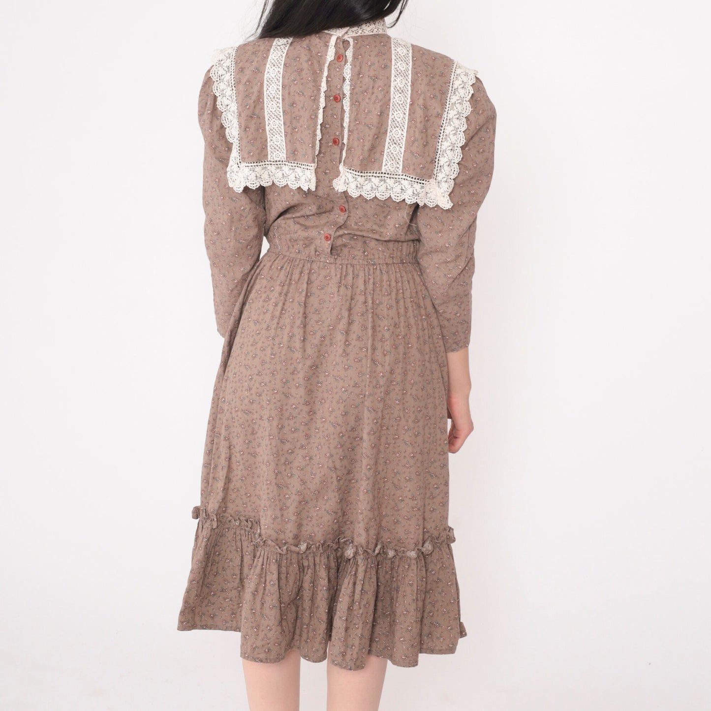 70s Jessica McClintock Floral Prairie Midi Dress Cocoa Brown Lace Bib Extra Small