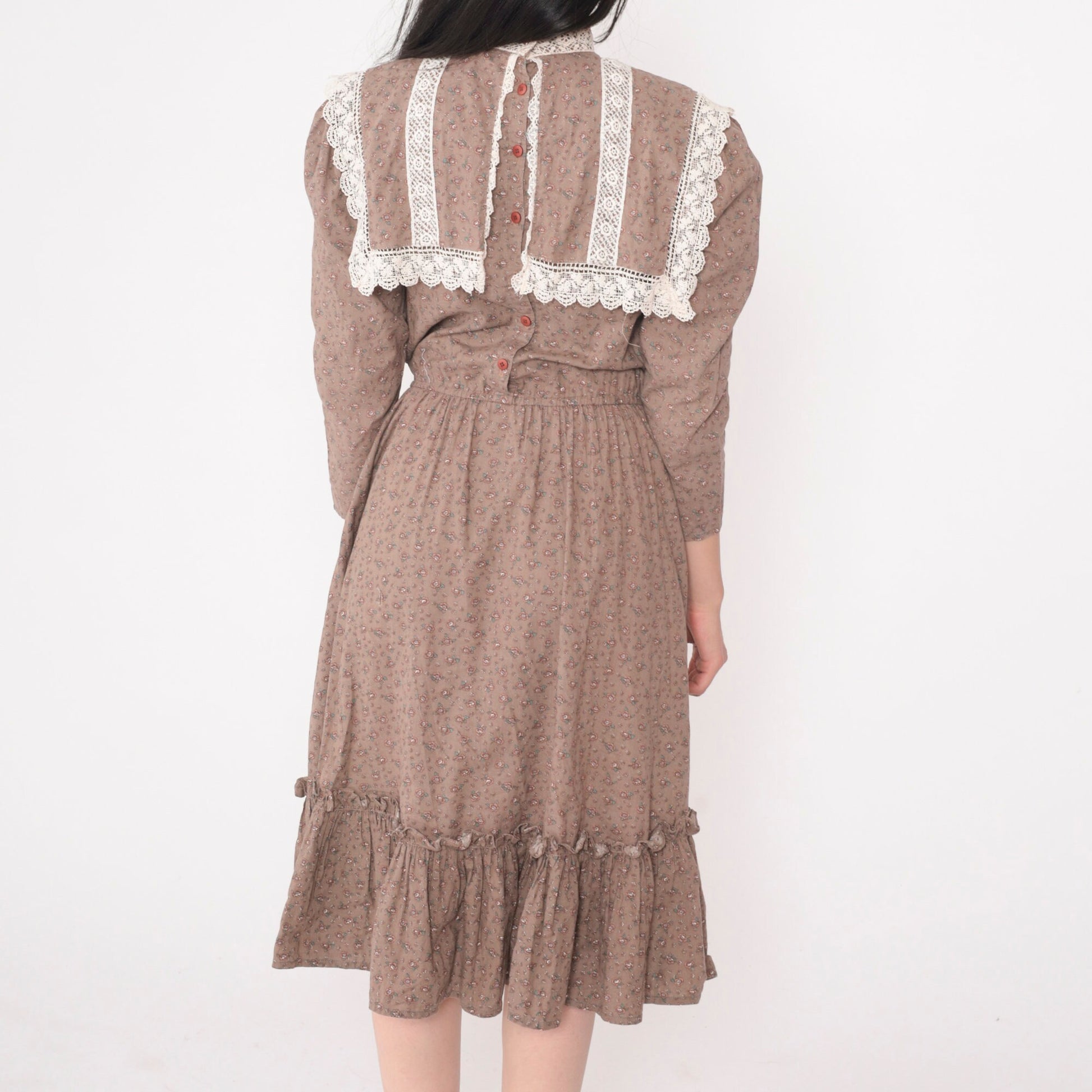 70s Jessica McClintock Floral Prairie Midi Dress Cocoa Brown Lace Bib Extra Small