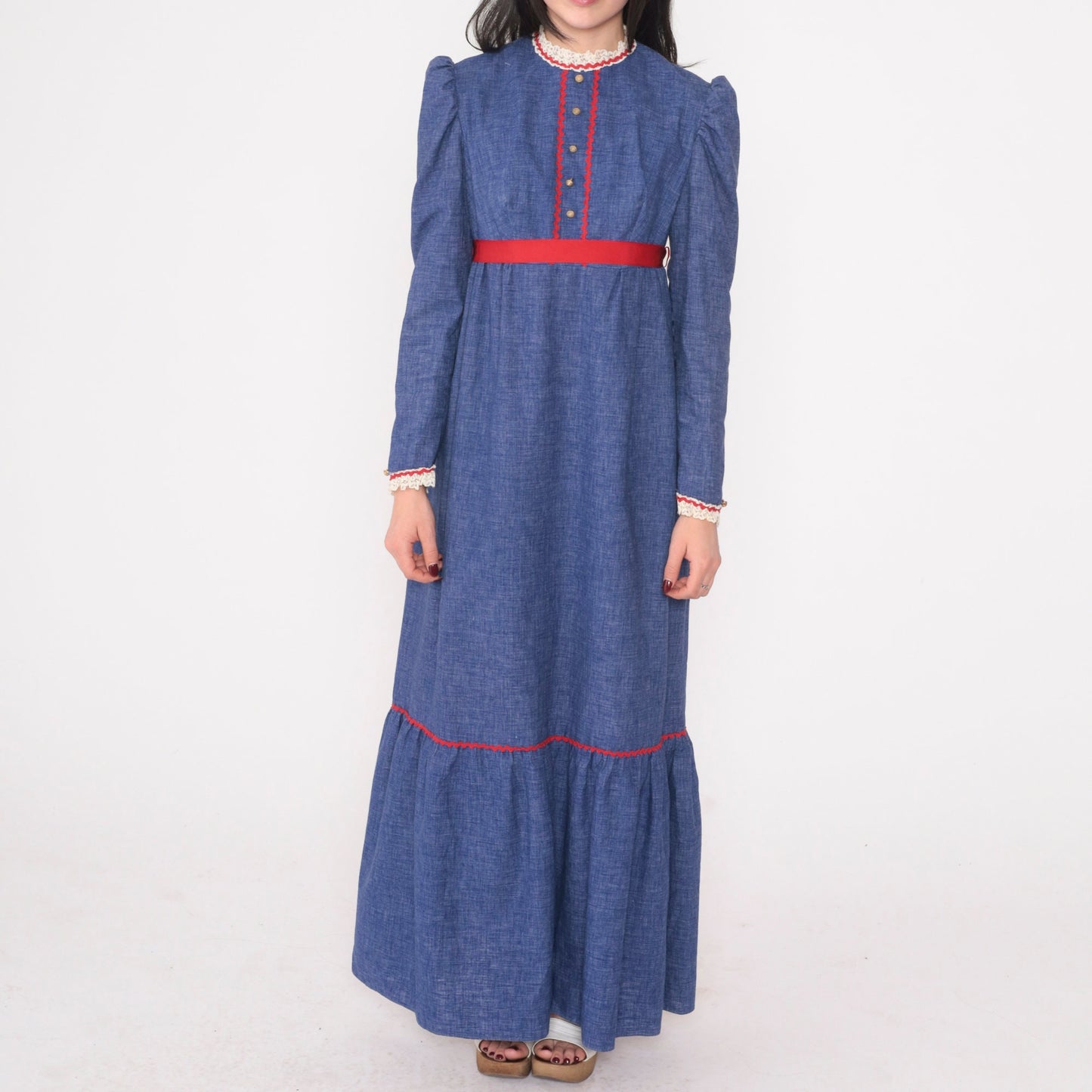 70s Prairie Maxi Dress Blue Red Lace Trim Puff Sleeve Empire Waist Extra Small