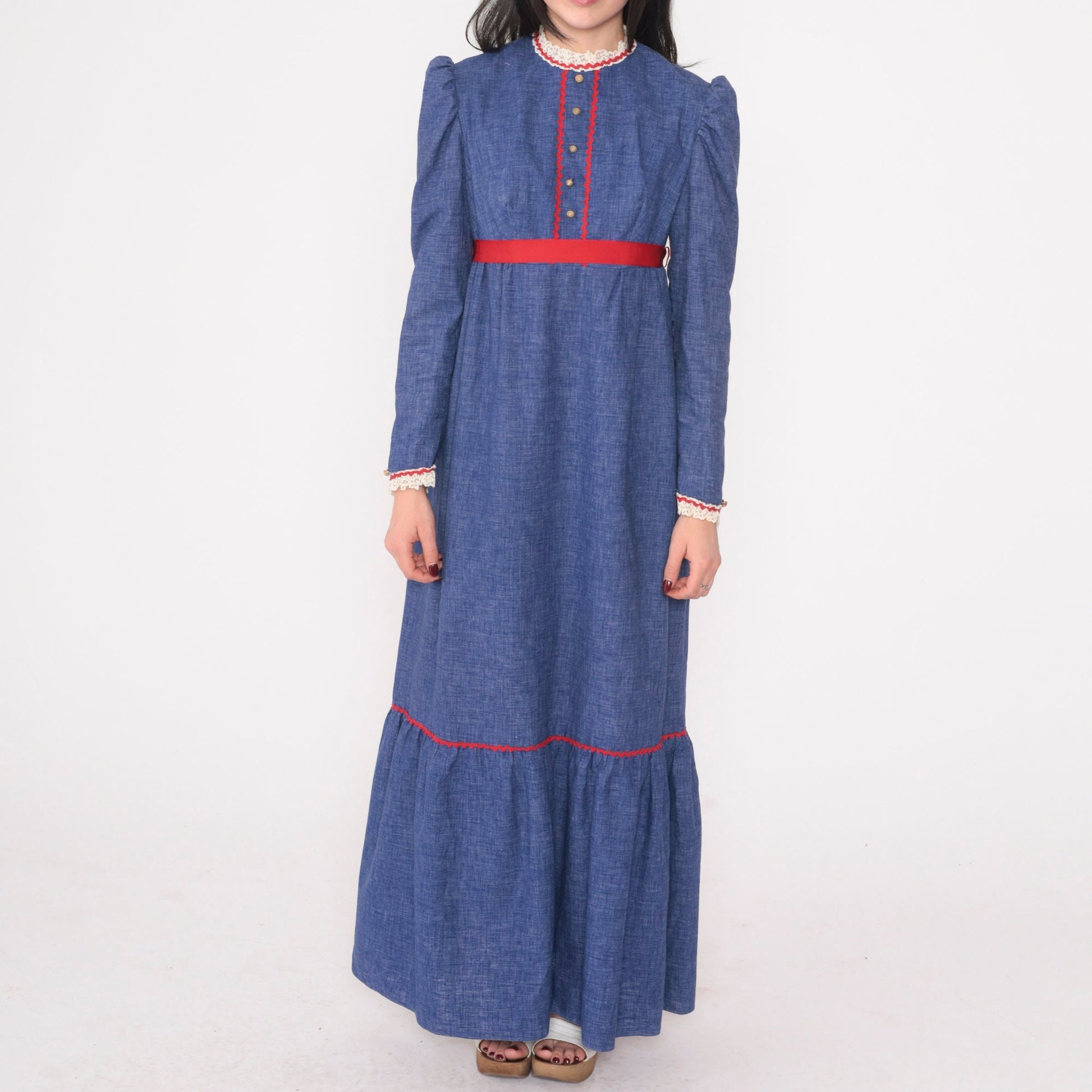 70s Prairie Maxi Dress Blue Red Lace Trim Puff Sleeve Empire Waist Extra Small