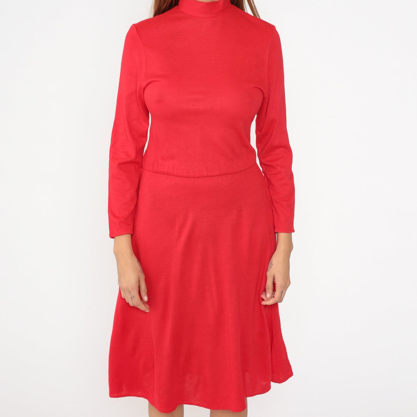 80s Red Acrylic Mock Neck Midi Dress Long Sleeve Pockets Small