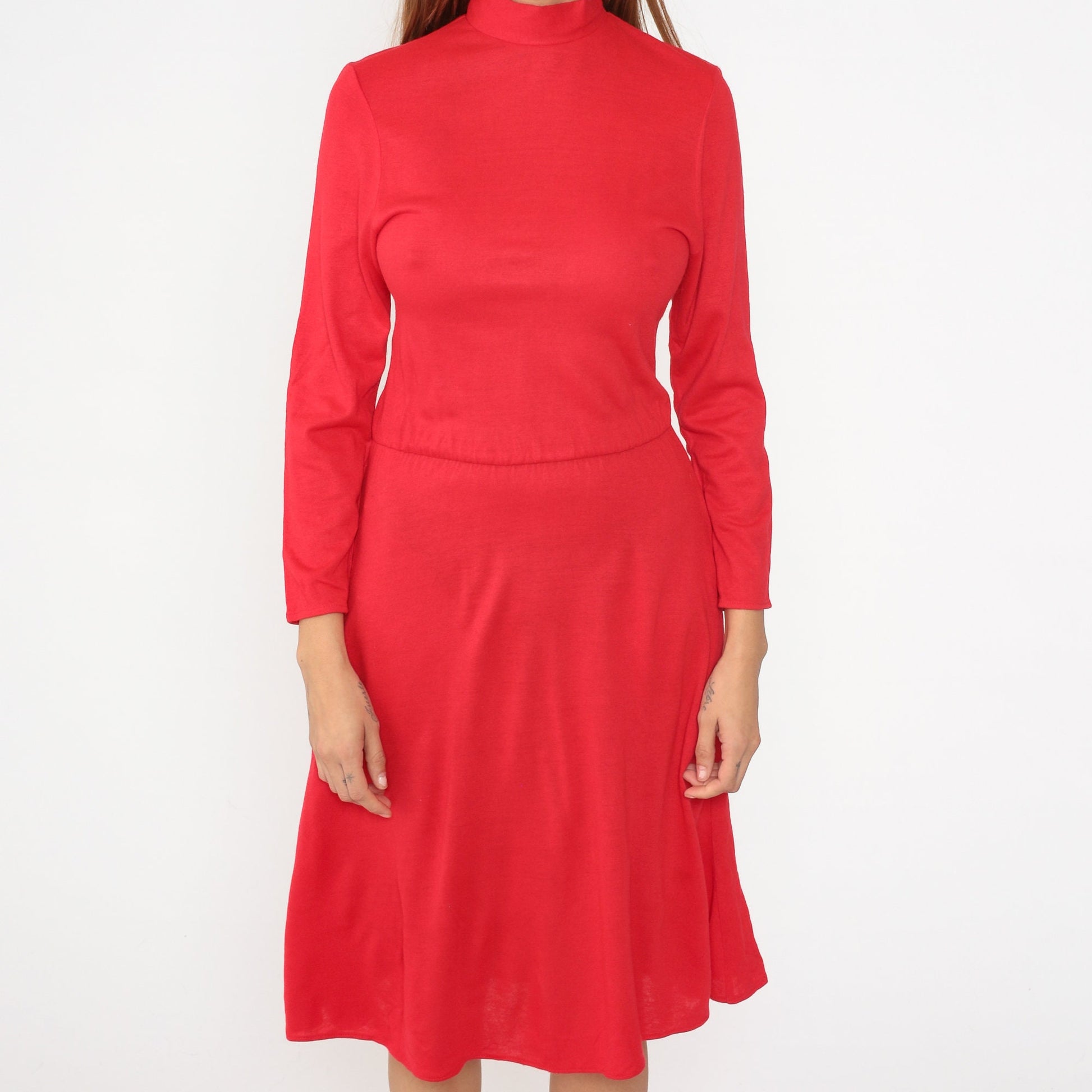 80s Red Acrylic Mock Neck Midi Dress Long Sleeve Pockets Small