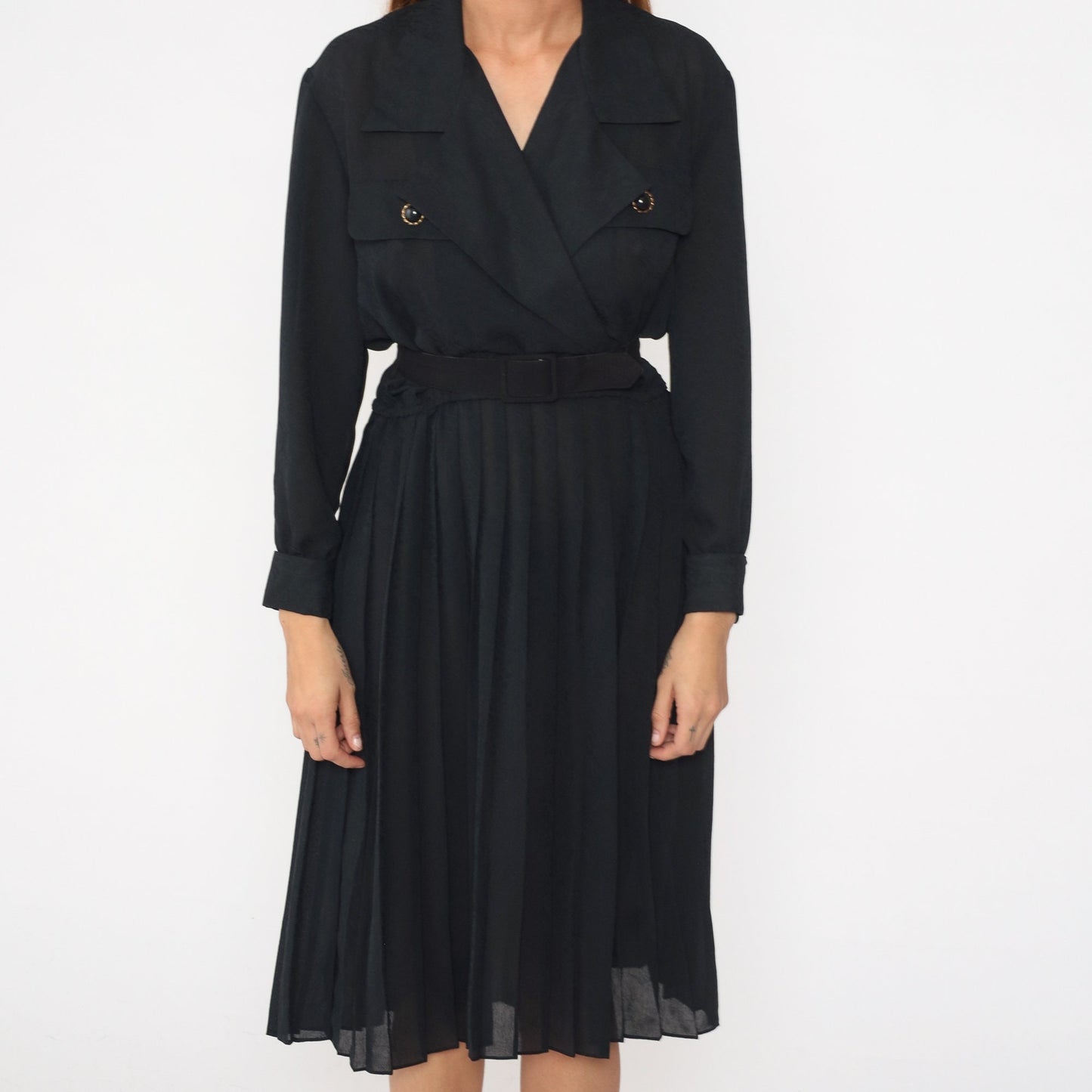 90s Black Wrap Midi Dress Surplice V-Neck High Waist Long Sleeve Medium 8