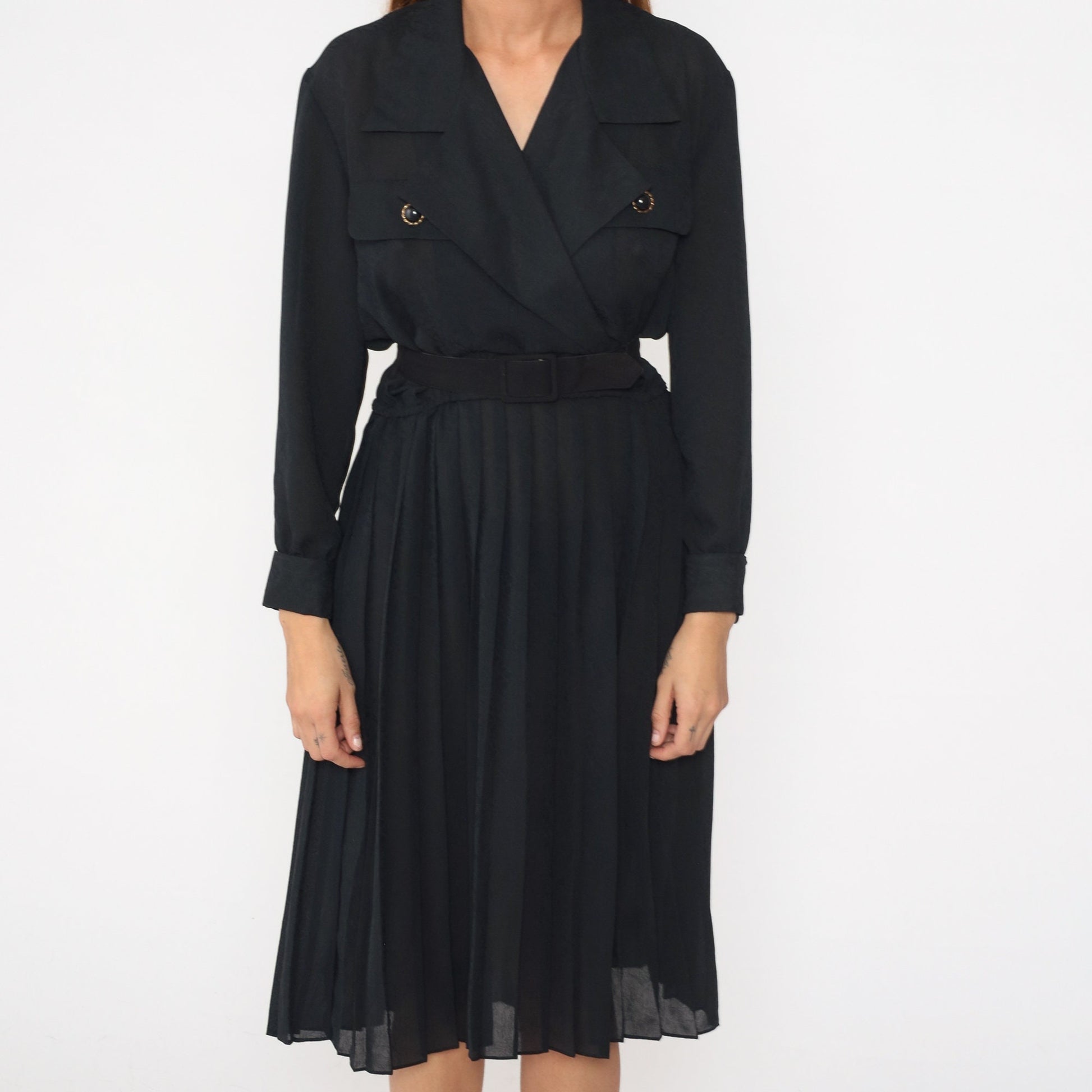 90s Black Wrap Midi Dress Surplice V-Neck High Waist Long Sleeve Medium 8