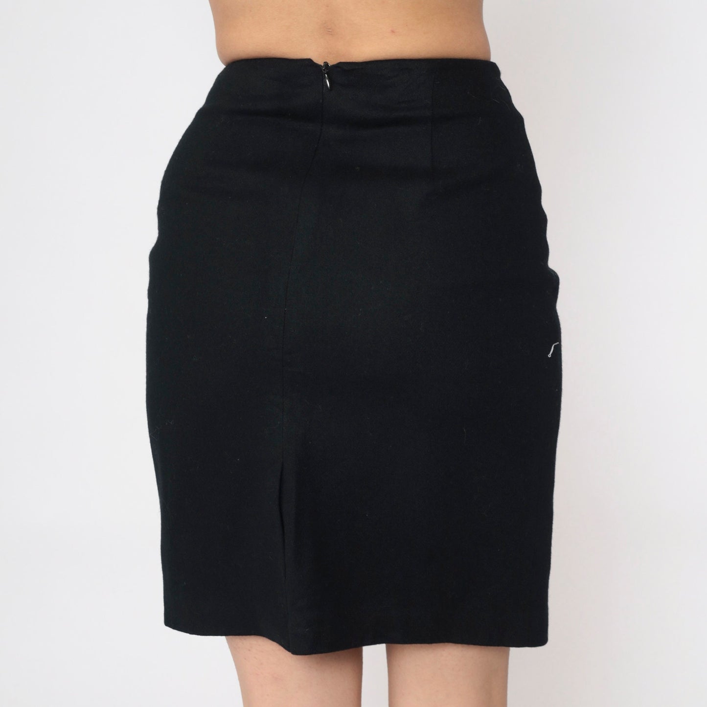 90s Black Wool Mini Pencil Skirt High Waist Rear Zip Extra Small XS