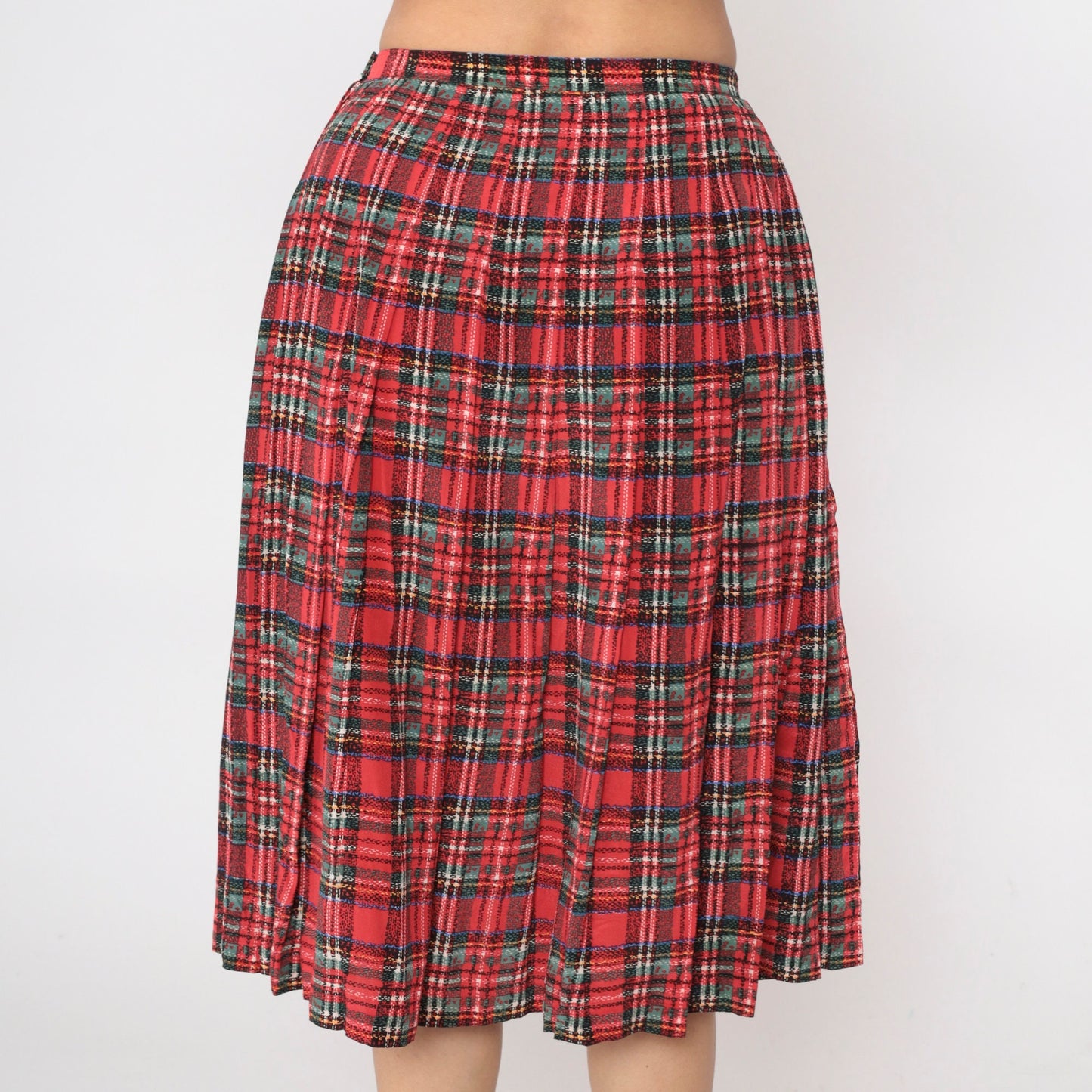 80s Red Plaid Silk Midi Skirt Pleated High Waist Small