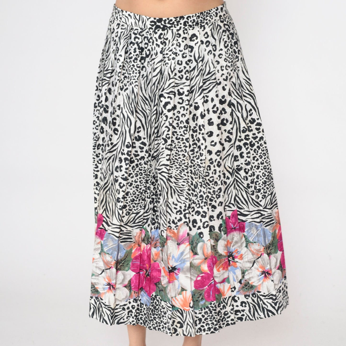 80s Leopard Zebra Floral Embossed Pleated Midi Skirt High Waist Black White Large