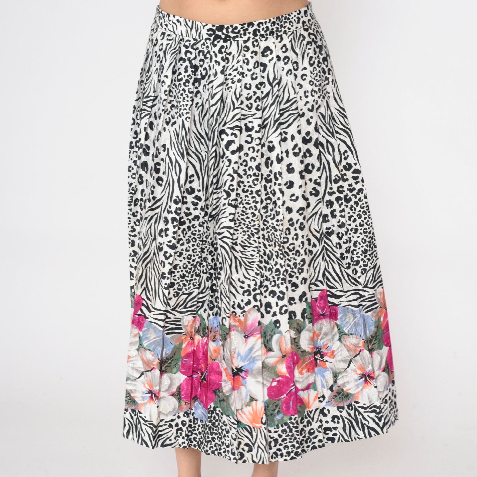 80s Leopard Zebra Floral Embossed Pleated Midi Skirt High Waist Black White Large