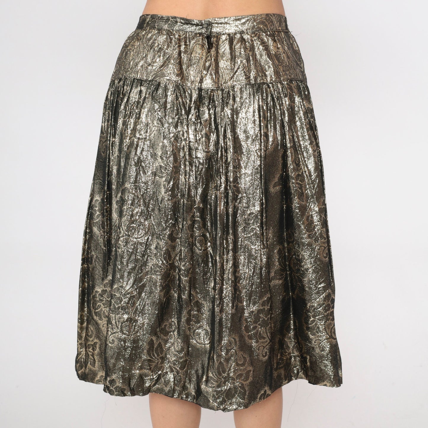 90s Gold Floral Midi Skirt High Waisted Metallic Yoke Small