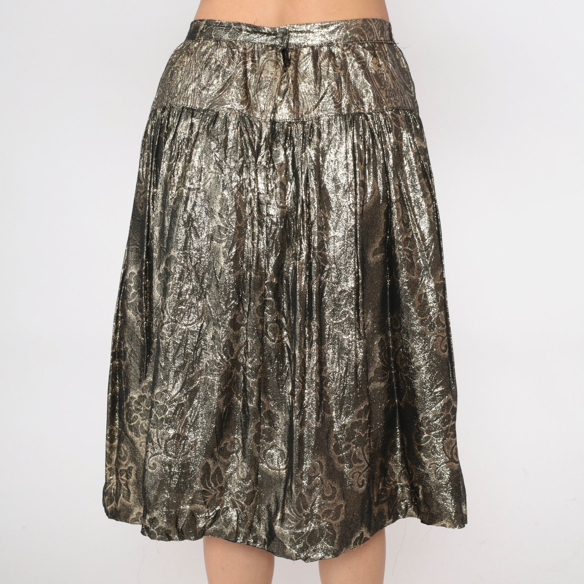 90s Gold Floral Midi Skirt High Waisted Metallic Yoke Small