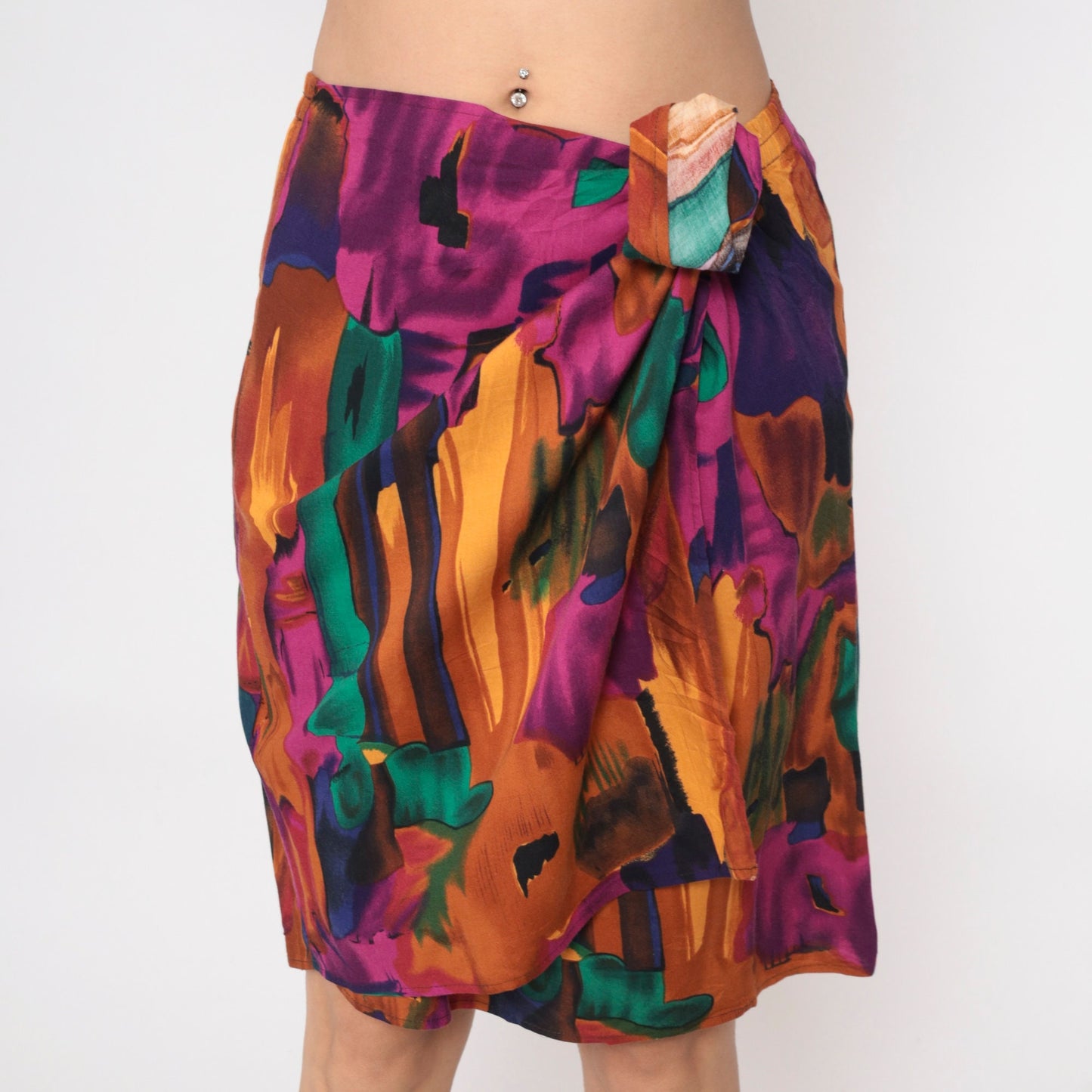90s Sue Brett Abstract Watercolor Mini Skirt Faux Wrap Elastic Waist Medium Large