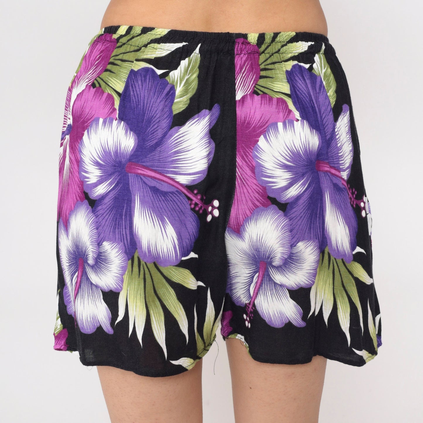 Y2K Black Rayon Shorts Purple Hibiscus Tropical Floral Drawstring Small Medium