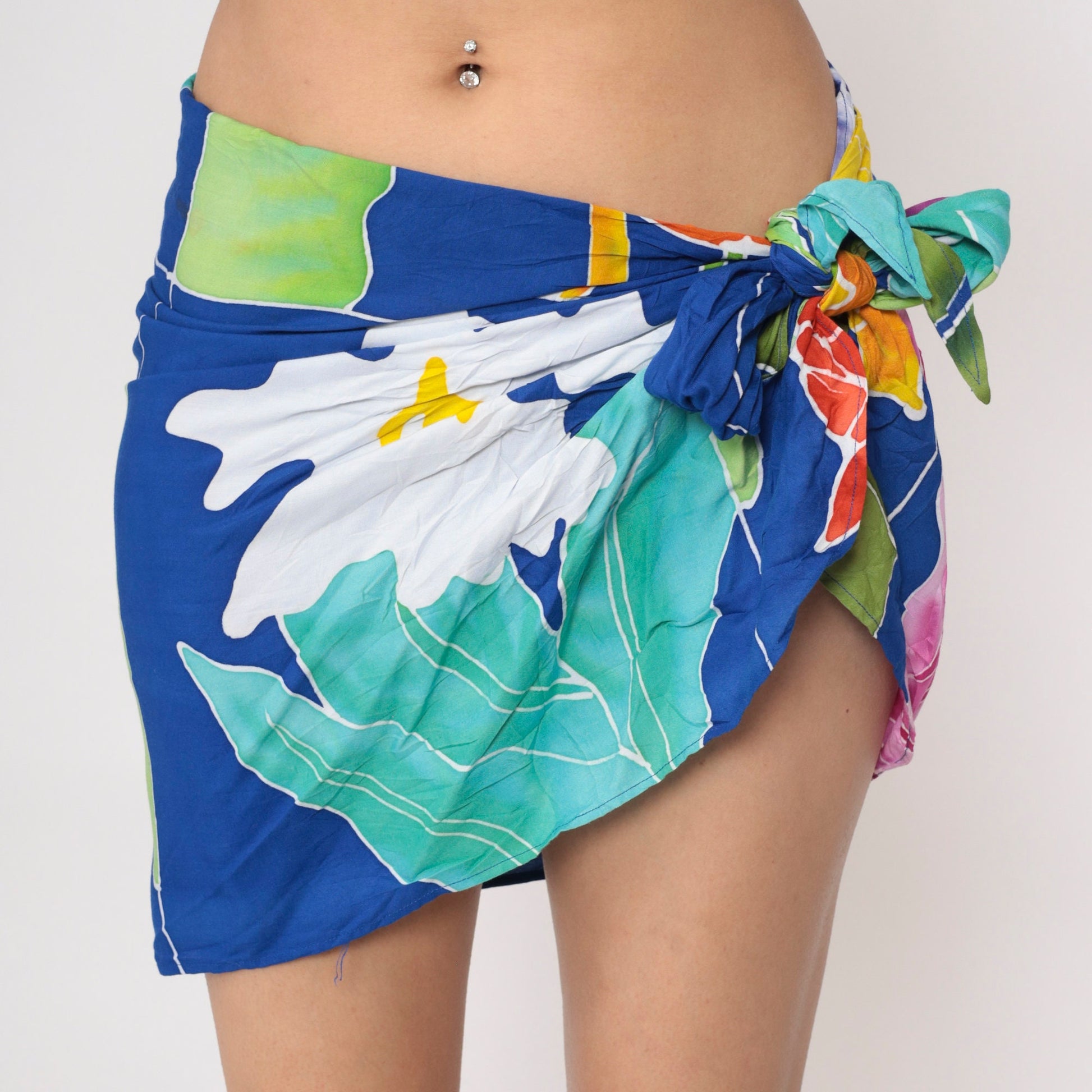 80s Buster N Bogi Tropical Sarong Mini Skirt Blue Floral Rayon Medium
