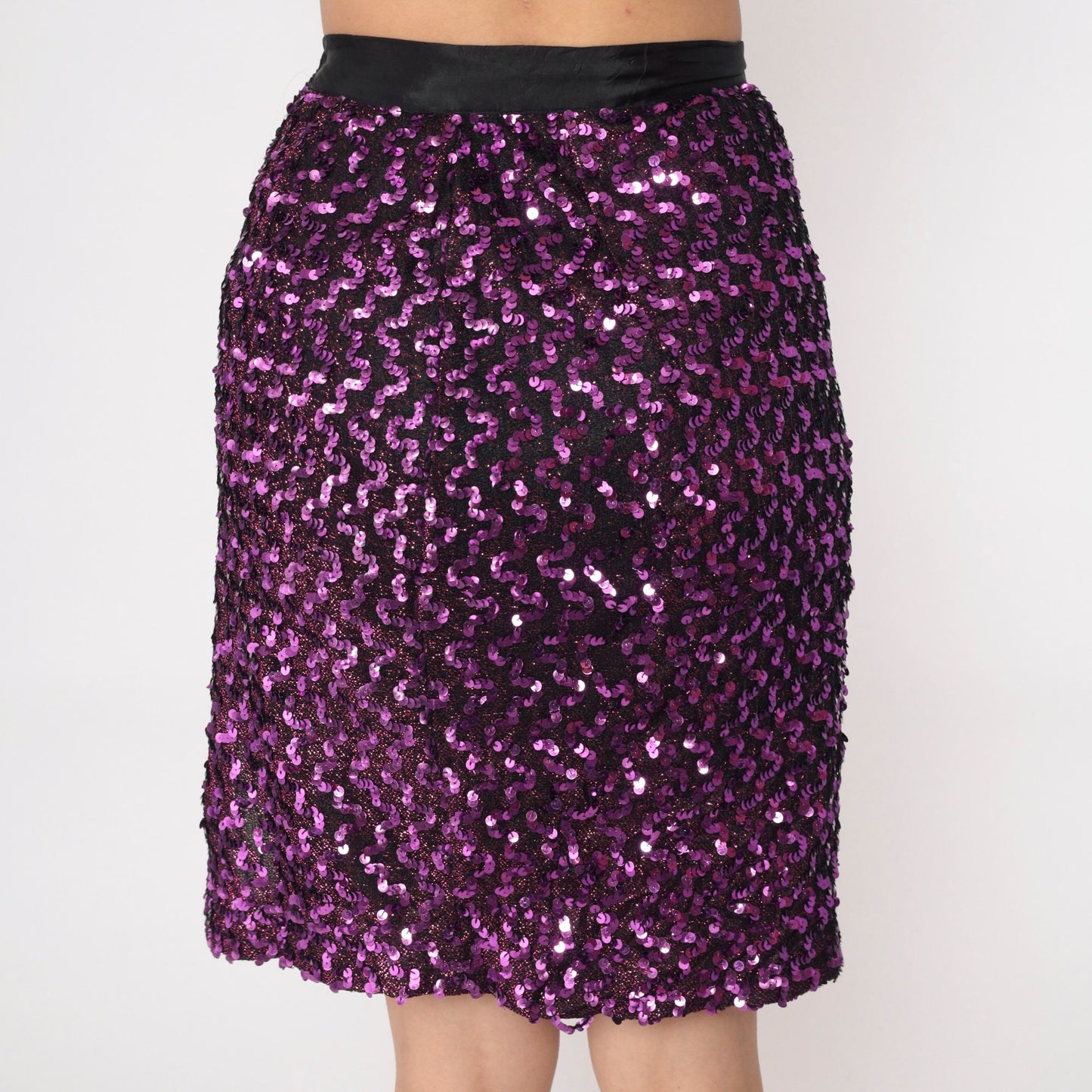 80s Purple Sequin Pencil Skirt High Waist Mini Slit Small S