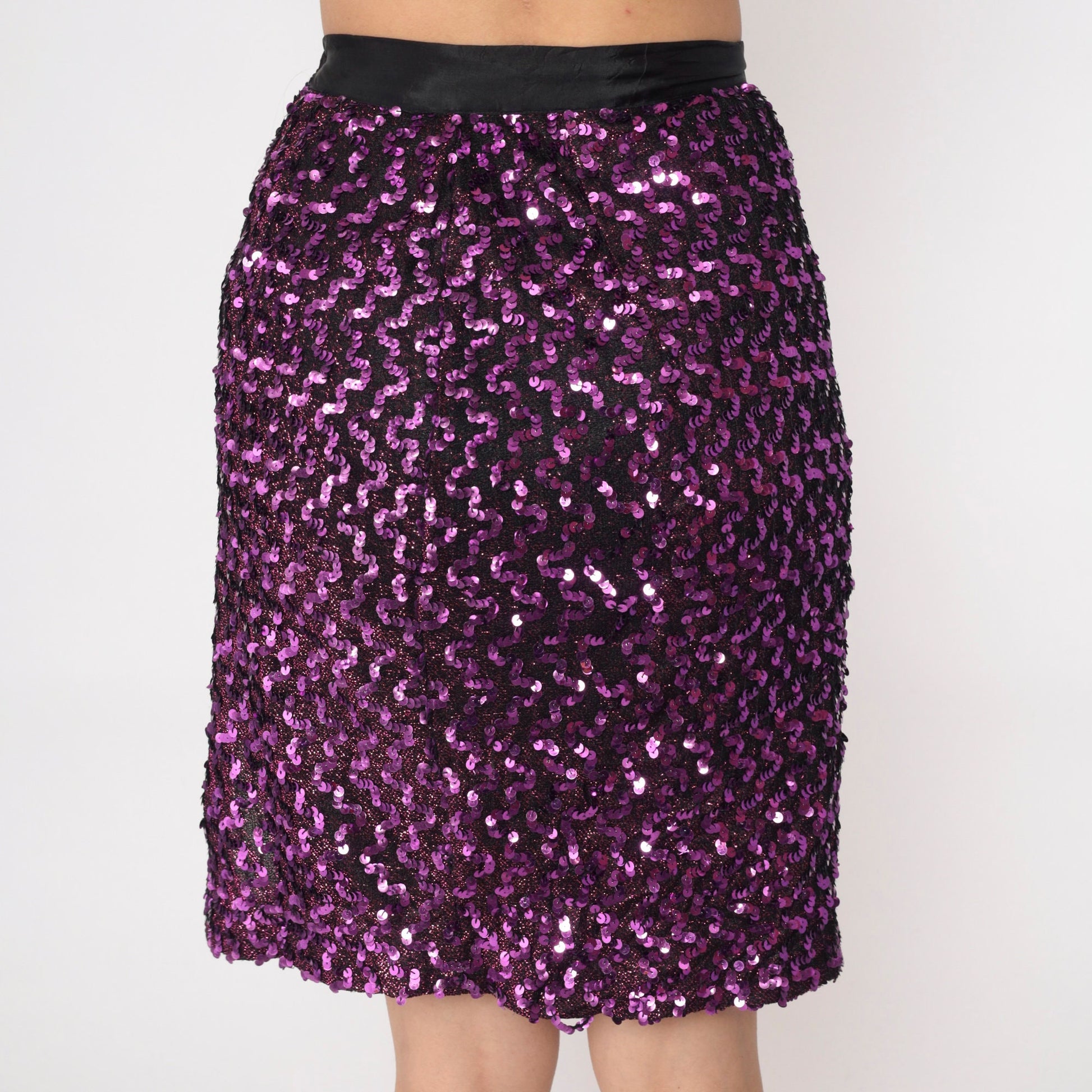80s Purple Sequin Pencil Skirt High Waist Mini Slit Small S