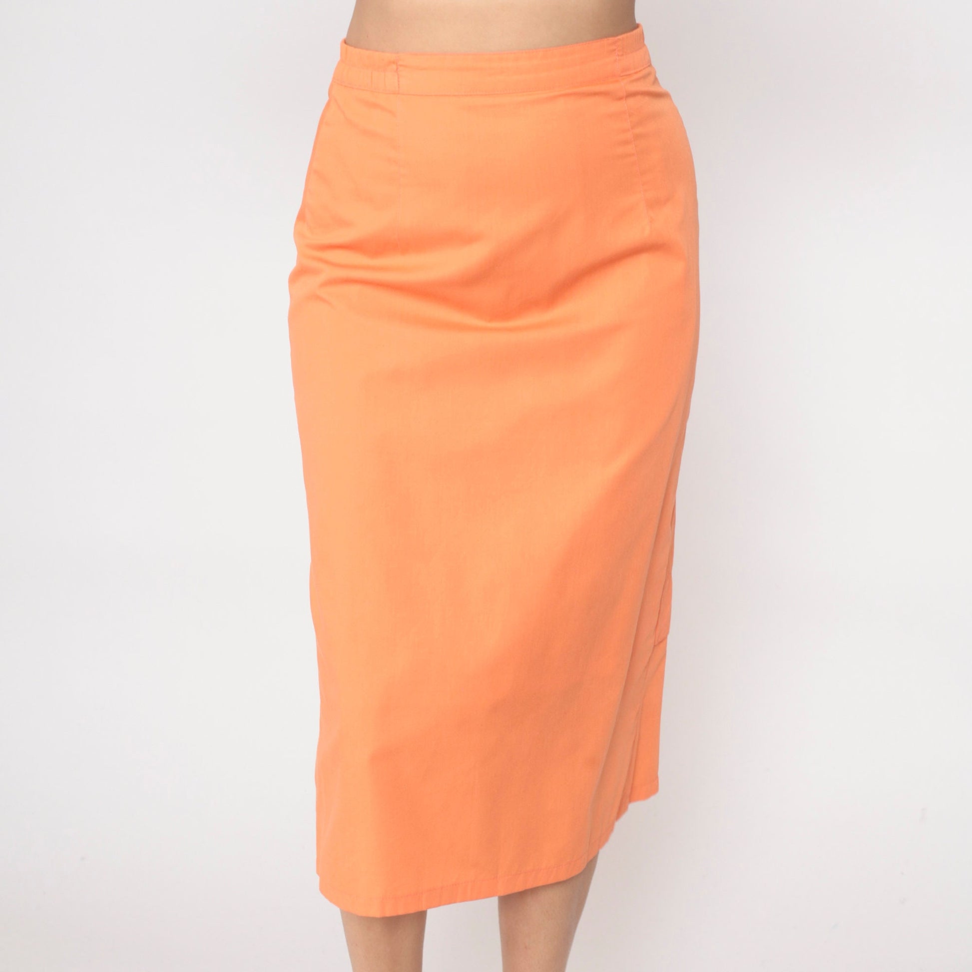 80s Orange Midi Pencil Skirt High Waist Kick Pleat Small