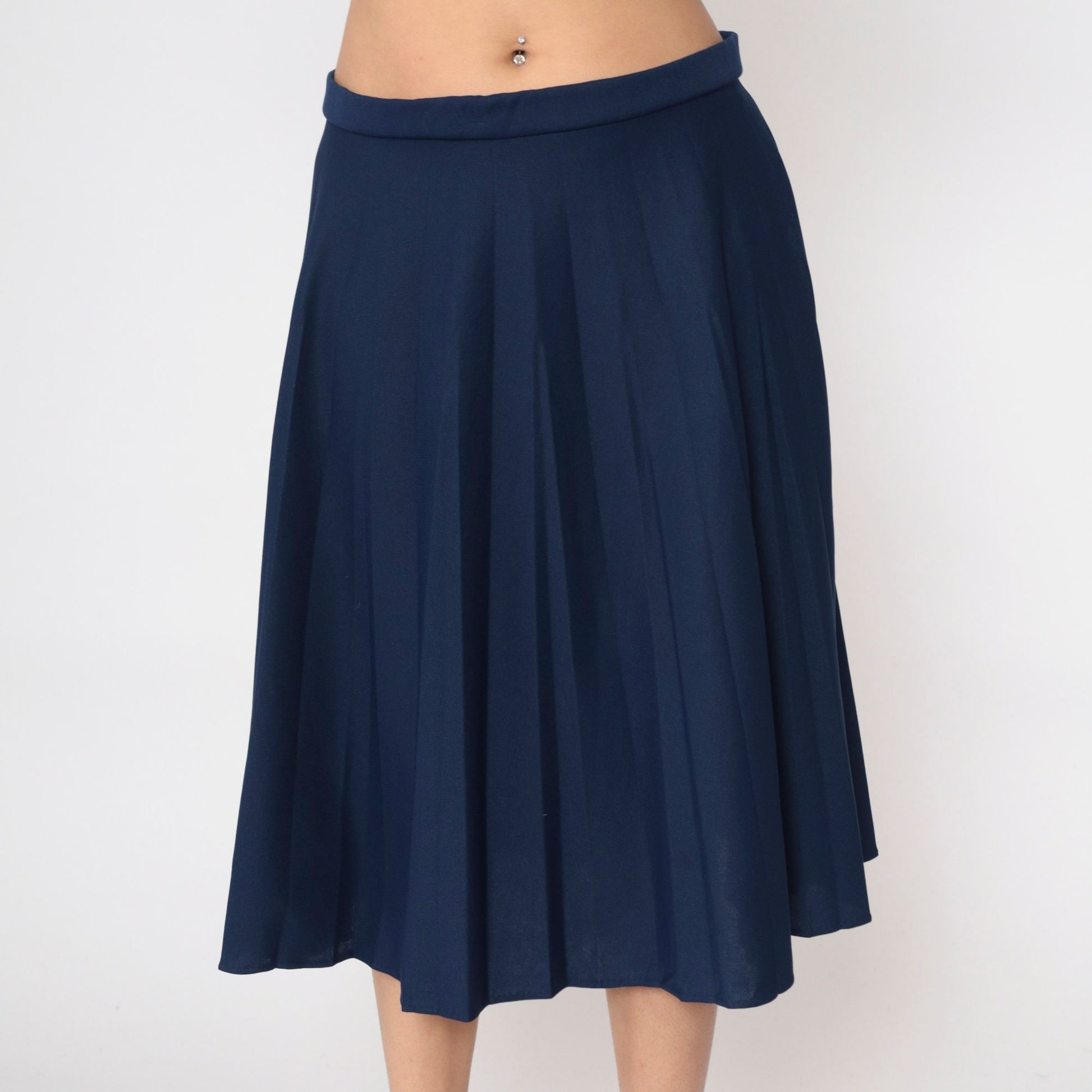 80s Navy Pleated Skirt High Waist Knee Length A-Line Large 14