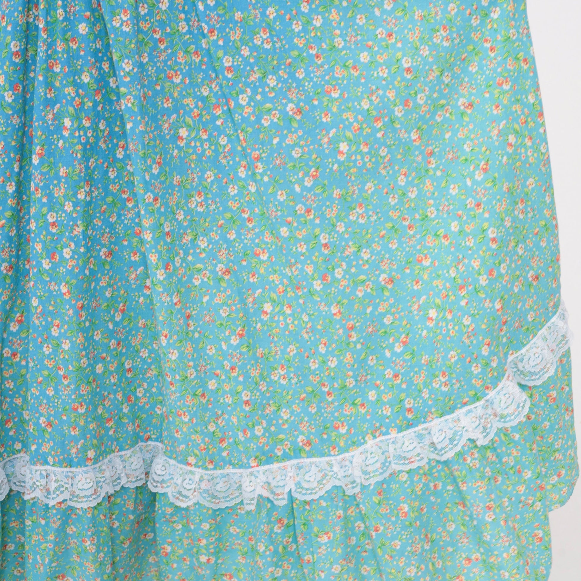 70s Blue Floral Prairie Dress Cotton Maxi Ruffle Collar Lace Trim Medium